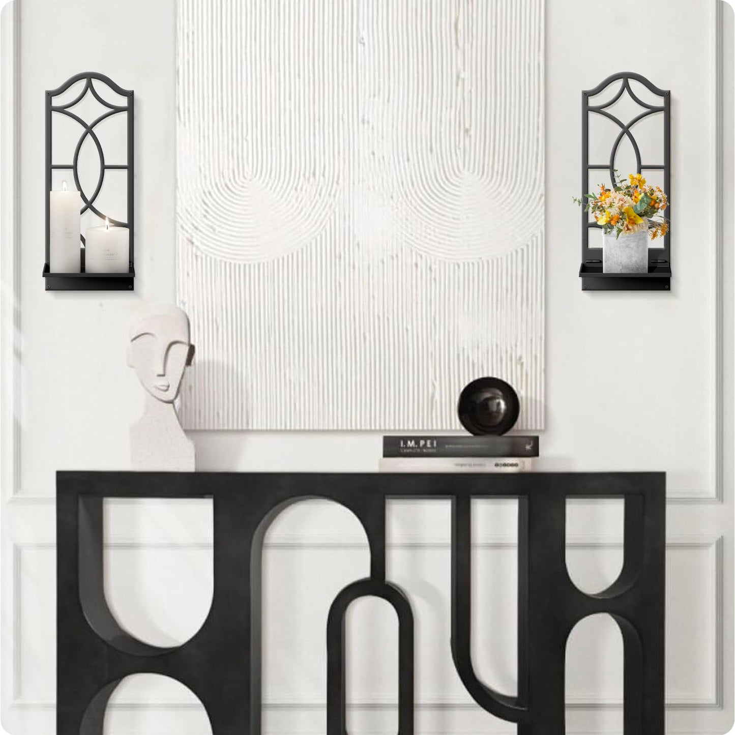Candle Wall Sconces Set of 2, Black Metal Wall Art Decor for Living Room, Dining Room, Bedroom, Bathroom (16.5 x 7 in)