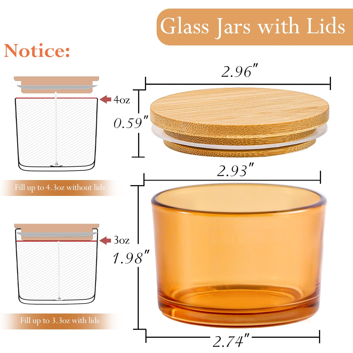 CONNOO 15 Pack 4oz Orange Glass Candle Jars with Airtight Bamboo Lids for Making Candles, Bulk Small Wide Mouth Empty Candle Containers with Sticky Warning Labels - Dishwasher Safe