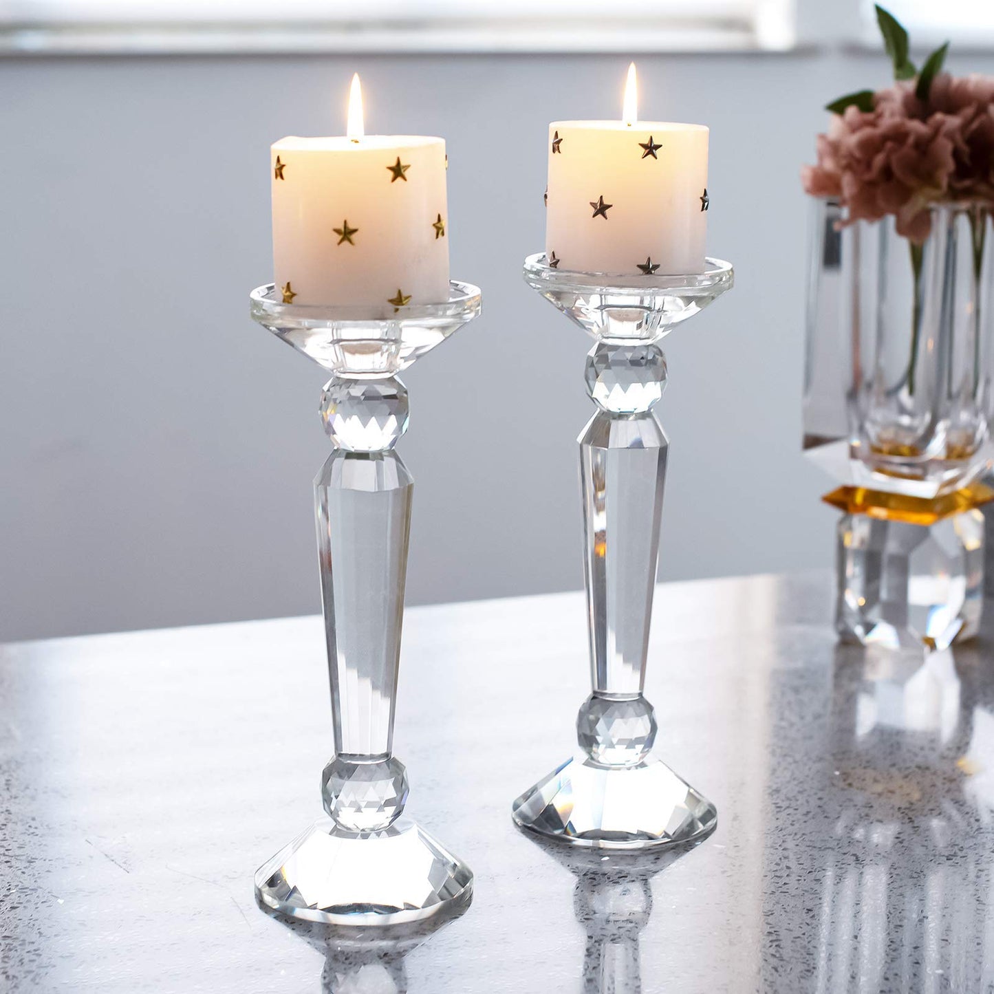 DONOUCLS Crystal Candle Stick Holders 2-Pack, Clear Crystal Taper/Pillar Candles Holder Table Centerpieces for Party and Wedding Decoration(10.6inches Tall)