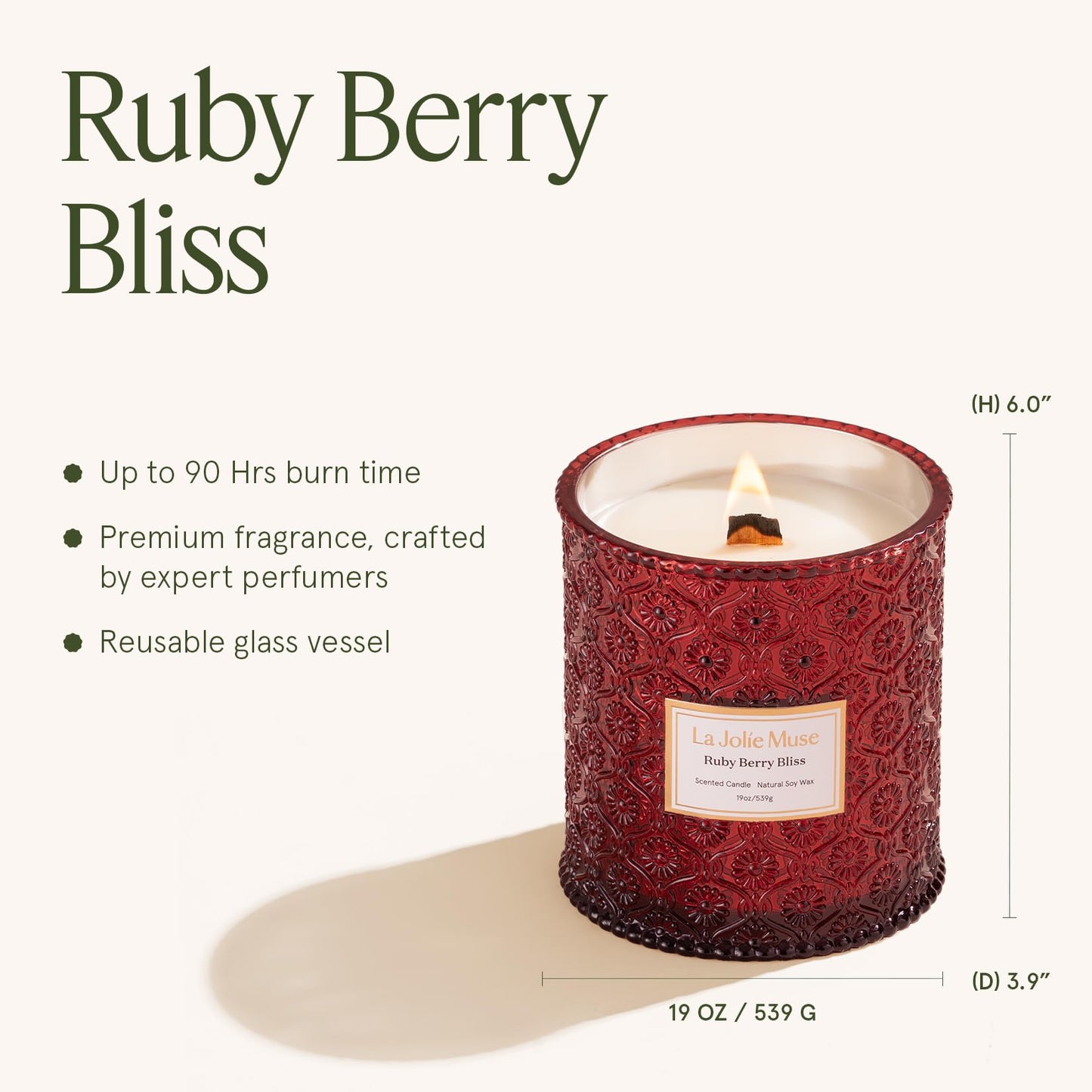 LA JOLIE MUSE Ruby Berry Bliss Scented Candle for Home | Christmas Winter Holiday | 19 oz Non Toxic Natural Soy | Large Red Jar Candle | Luxury Gifts for Women & Men | Wood Wick