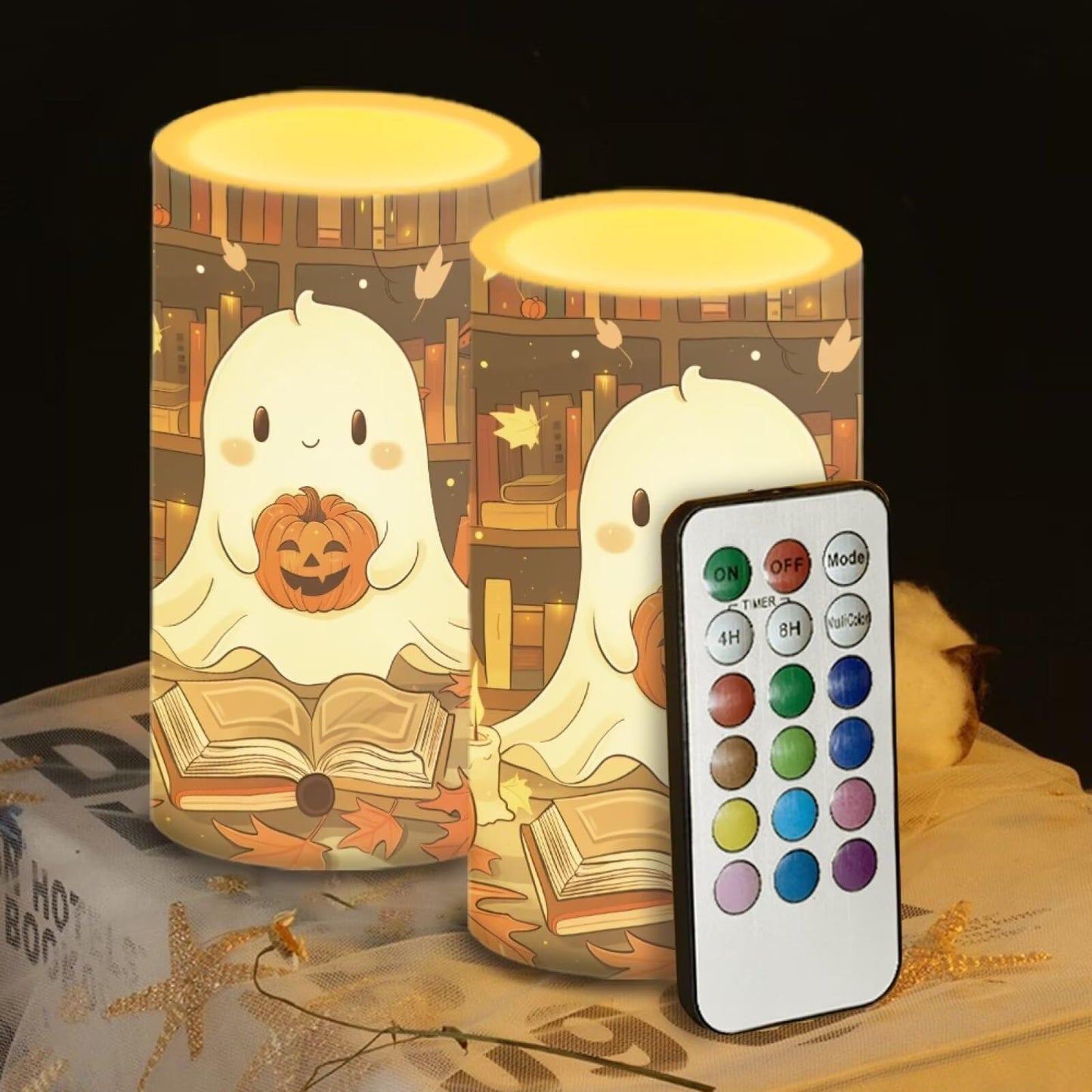 Luarisgur Ghost Pumpkin Battery Candles with Remote Control Flameless Flickering LED Candles for Autumn Thanksgiving Fall Decor Harvest Halloween Party Dining Room Table Centerpiece