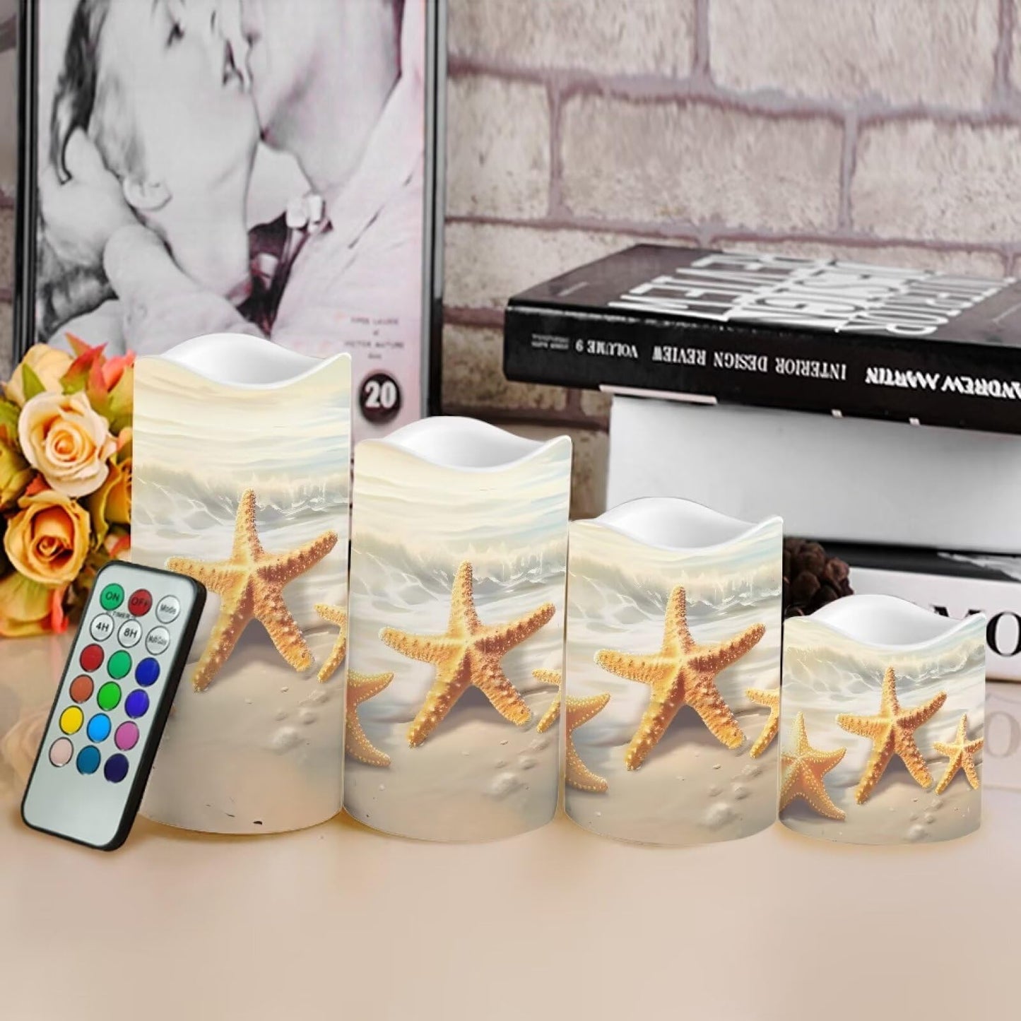 Uorisanigo Starfish Beach Flameless Candles with Remote Flickering Led Candles with Timer Set of 4 Electric Pillar Candles Battery Operated Fake Candles for Kitchen Room Home Decor