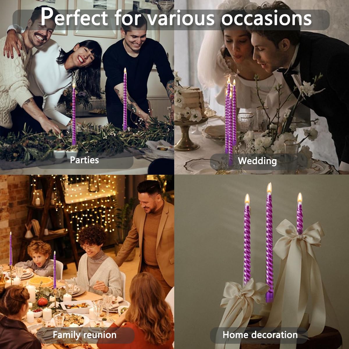 10 Inch Purple Spiral Taper Candles Set for Dinner, 12 PackUnscented Dripelss Candlesticks for Home Holiday Party Decoration