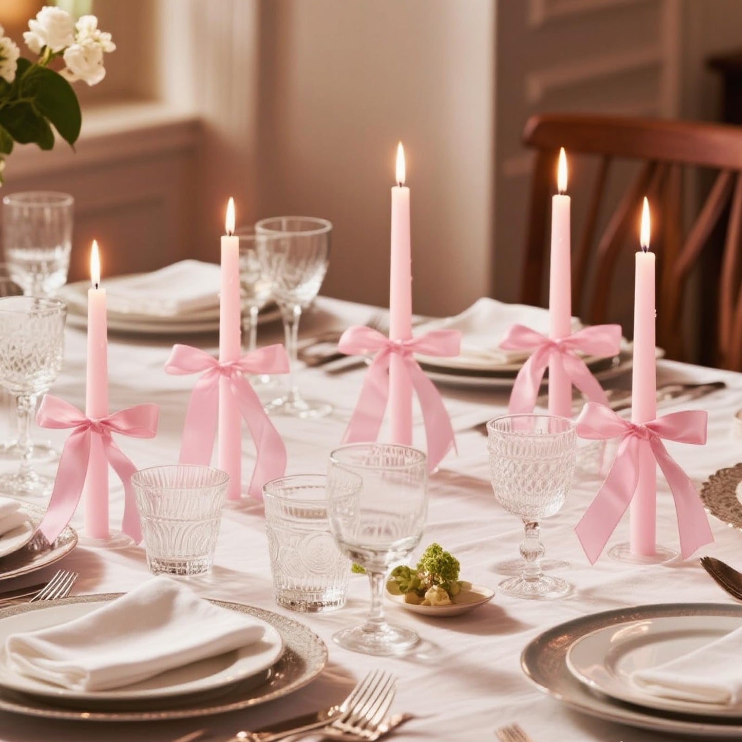 MTLEE 24 Pcs Taper Candles Bow Candle with 72 Ft Ribbons Bows Unscented and Smokeless 0.87 x 10 Inch Tall Candlesticks with Cotton Wick Long Burning for Wedding Dinner Coquette Holiday Party(Pink)