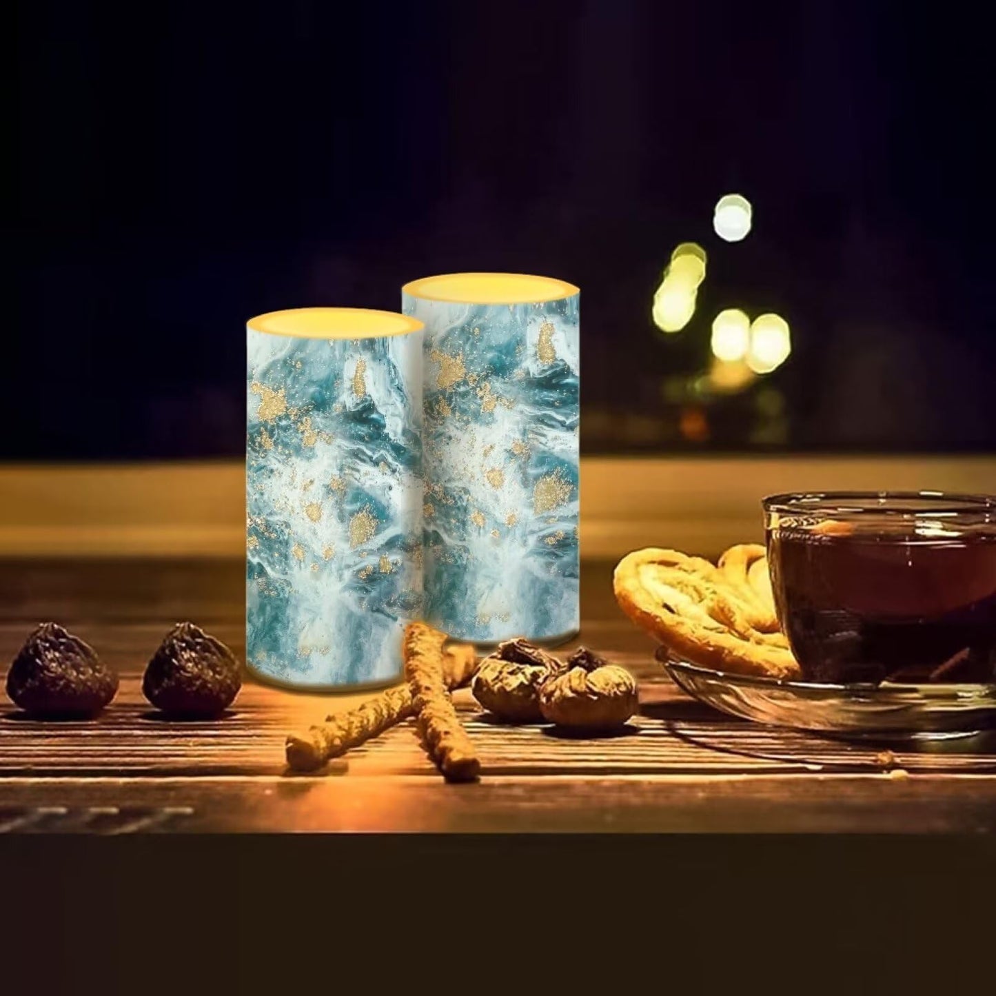 NETILGEN Flameless Candles LED Battery Operated Candles with Realistic Set of 2 with 18 Key Remote Control Timer Dancing Flame Pillar Candles for Home Farmhouse Decor, Blue Gold Marble