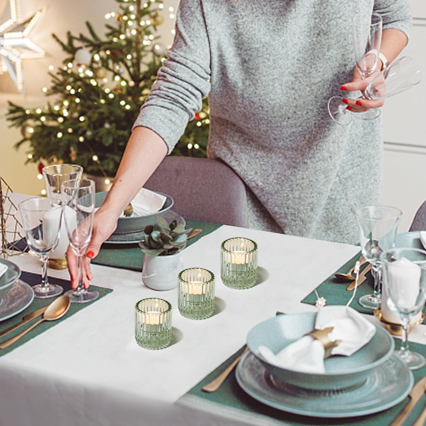 CHOCSTAY Reversible Green Glass Candle Holder Set of 6, Thick Heat-Resistant Glass Candlestick Holders for Taper, Tealight, Votive, LED Candles, Perfect for Wedding, Party, Home Décor