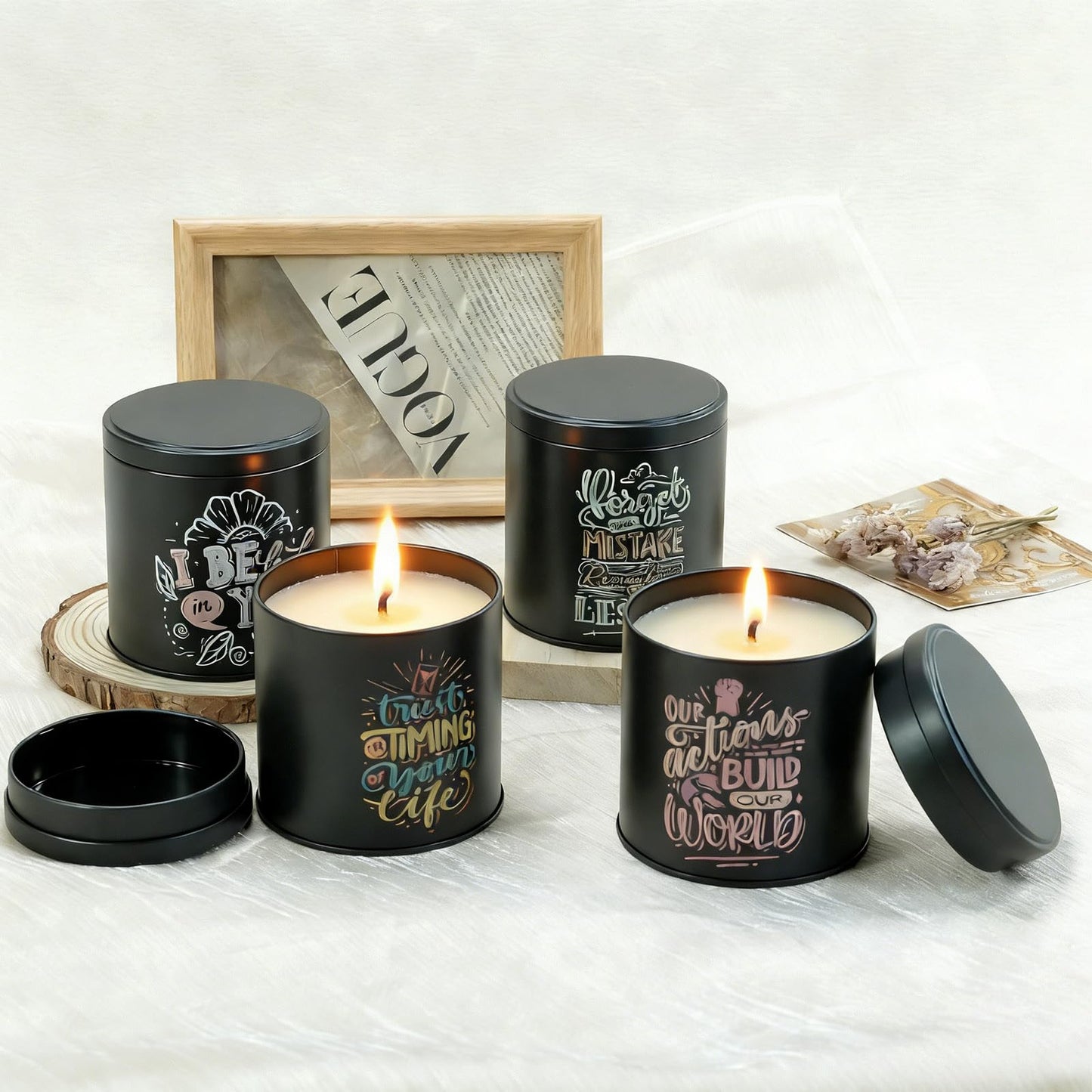 12 Pack 10 oz Candle Tins with Lids – Empty Candle cans for Candle Making, Black Decorative Candle Tins with Inspirational Quotes, Metal Candle Containers Making Supplies for Home DIY & Small Business