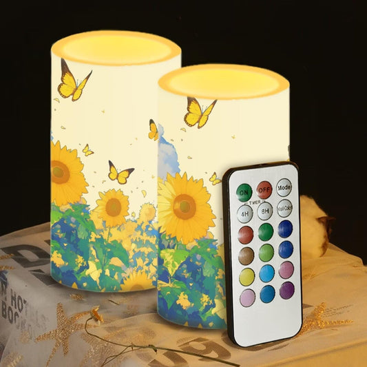 Luarisgur Sunflower Flameless Candles 2 Pack 6 x 3 inch Battery Operated Candles with Multicolor Timer Remote Control LED Fake Candles for Warm Light Dinner Table Home Decor