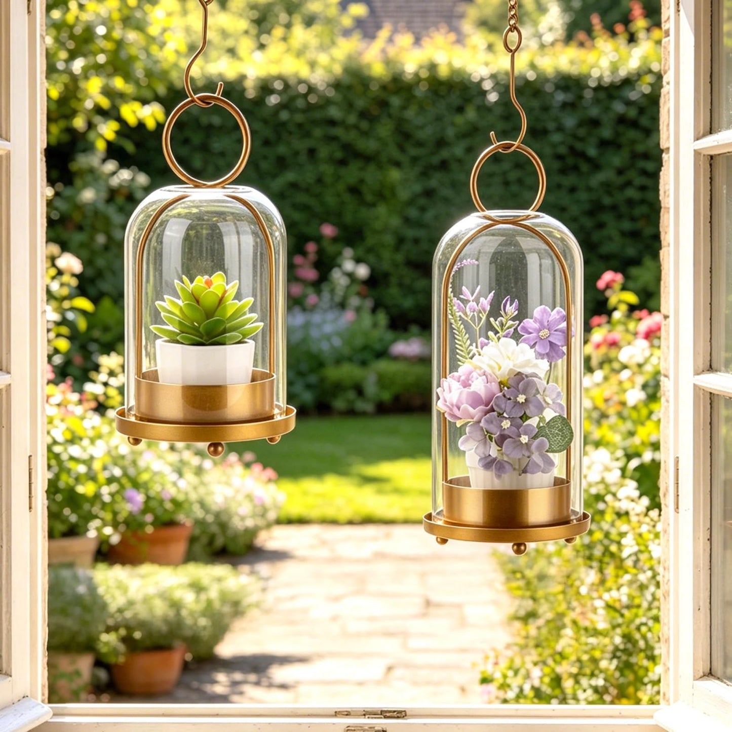 5"&4" Hurricane Glass Candle Holder Set - Metal Frame with Glass Chimney, Hanging Brass Metal Candle Holder, Pillar Candle Lantern for Wedding Party Holiday Dining Table Mantel Home Decor