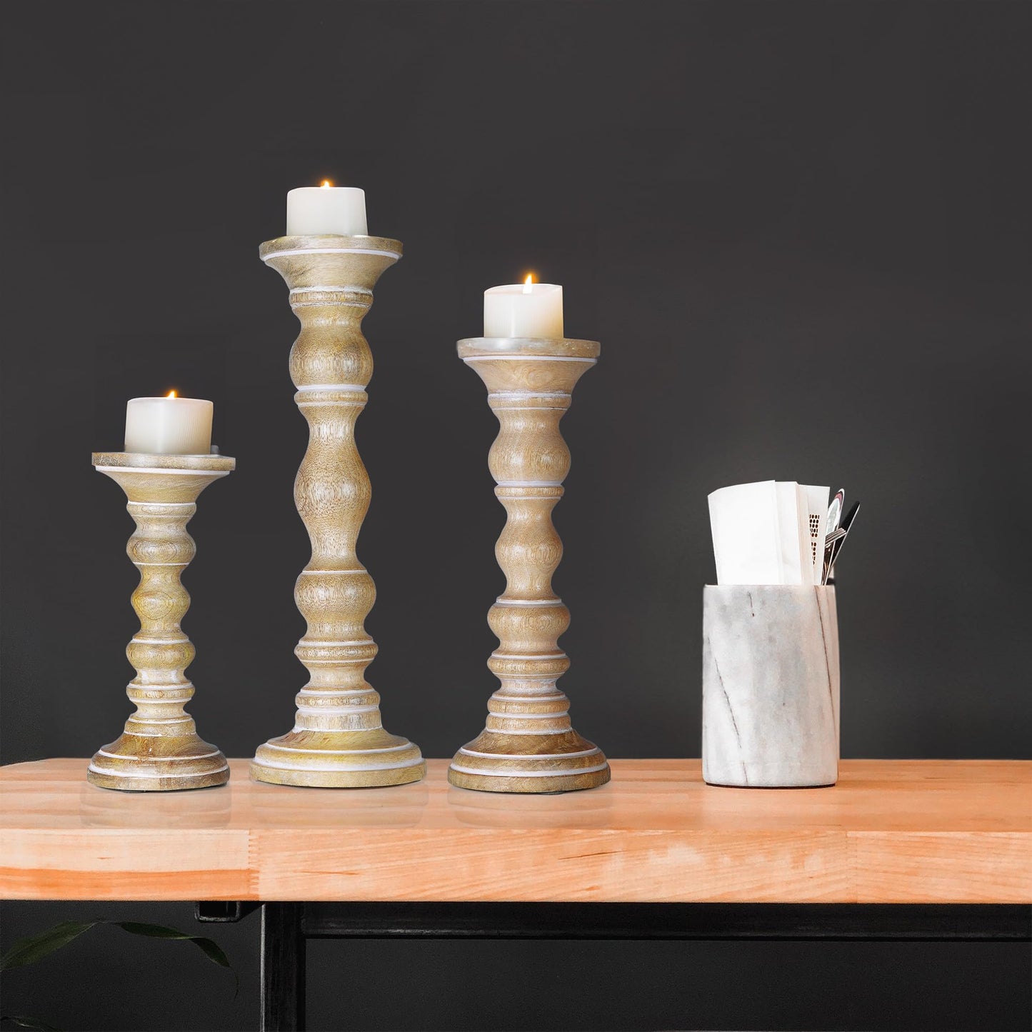 “Willow” Candle Holders for Pillar Candles (Whitewash, Set of 3) - Mangowood Candle Stand - Farmhouse Wooden Candle Holders Pillar -Candle Holder Decor for Fireplace or Table Centerpiece -9”, 12”, 15”