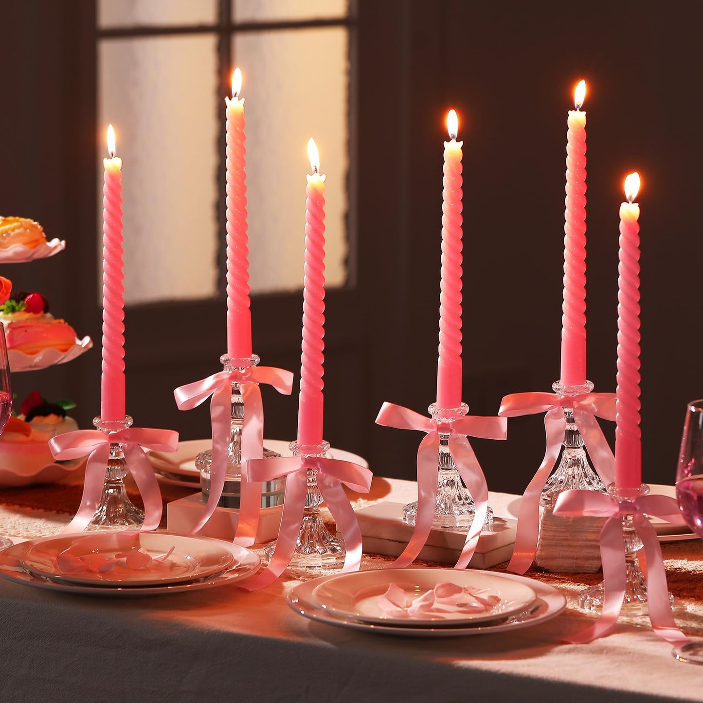 Mumufy 6 Set Pink Bow Candles Coquette Taper Candles with Candle Holder Bow Candlestick Holder Table Centerpieces Decorations Pink Gifts for Coquette Bachelorette Bridal Wedding Birthday Party