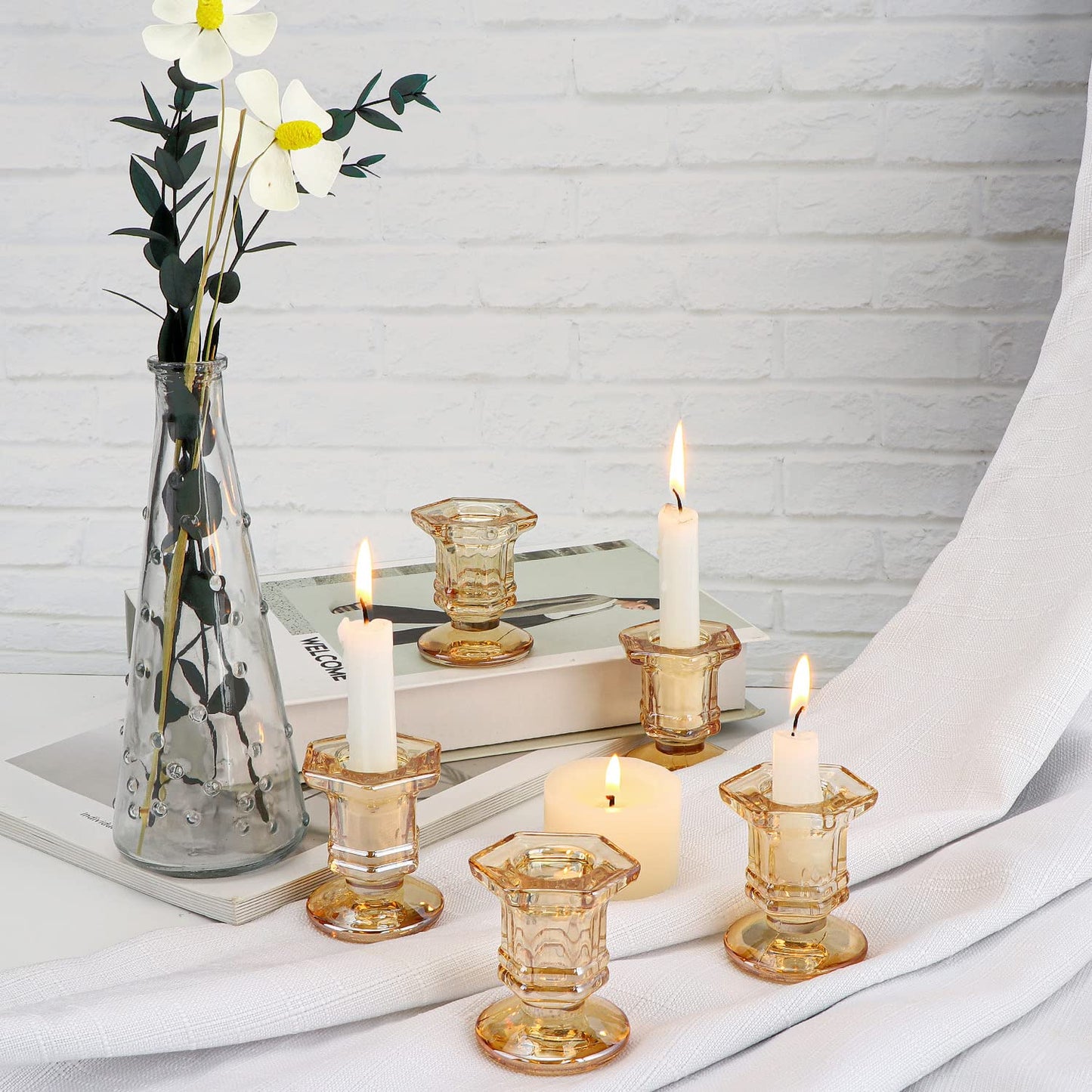 Lanttu 12 Pcs Gold Glass Candle Holders Set, Candlestick Holders Bulk, Taper Candle Holders for Wedding, Festival Table Centerpiece,Home Decoration