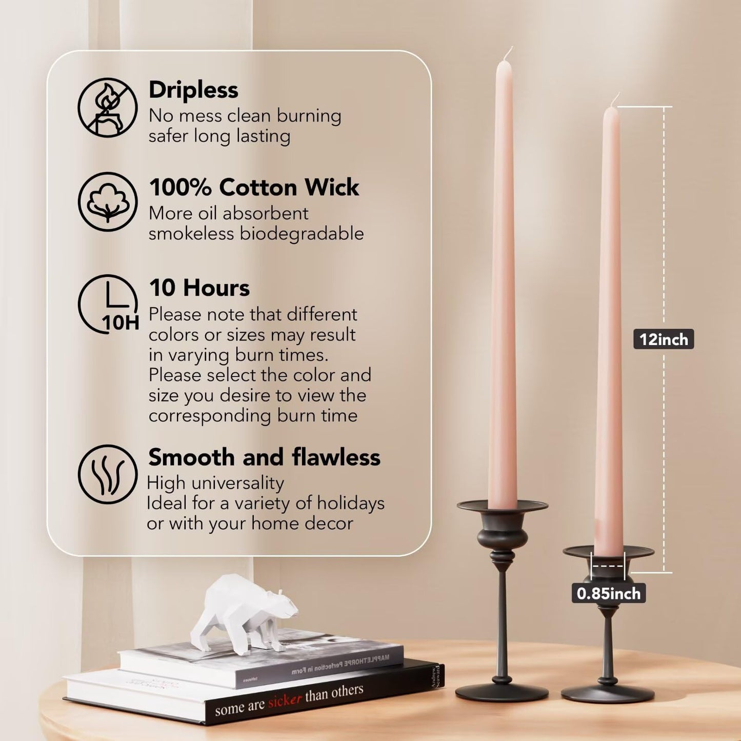 Pickood 12-Inch Tall Dripless Taper Candles Set of 4 - Pearl Pink Tapered Candles, Perfect for Christmas - Smokeless, Unscented, Long Burning - Hand Poured, Colored Tall Candlesticks - Rosa Perla
