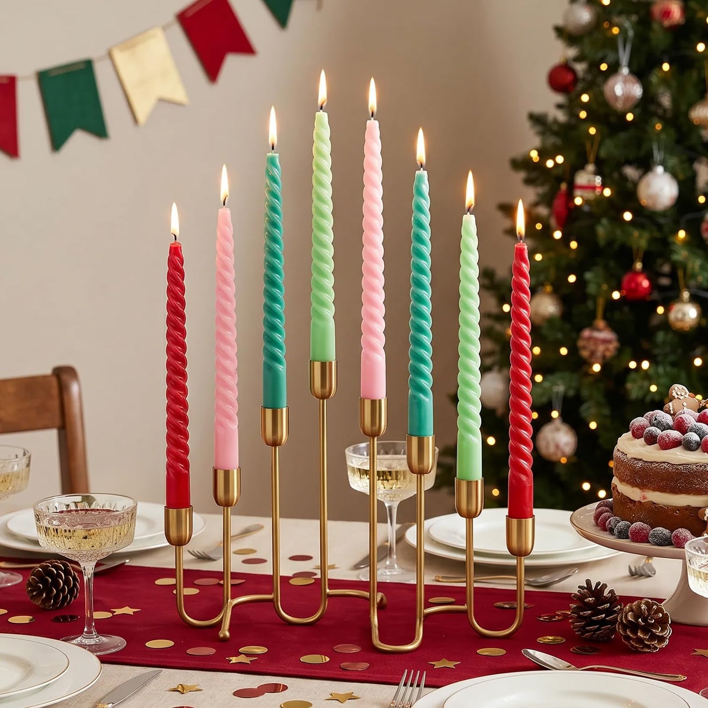 Whaline 8Pcs Christmas Spiral Taper Candles Red Green Pink Xmas Dripless Twisted Wax Candles 10 Inch Long Unscented Candle Sticks for Birthday Wedding Holiday Dinner Party Holiday Home Table Decor