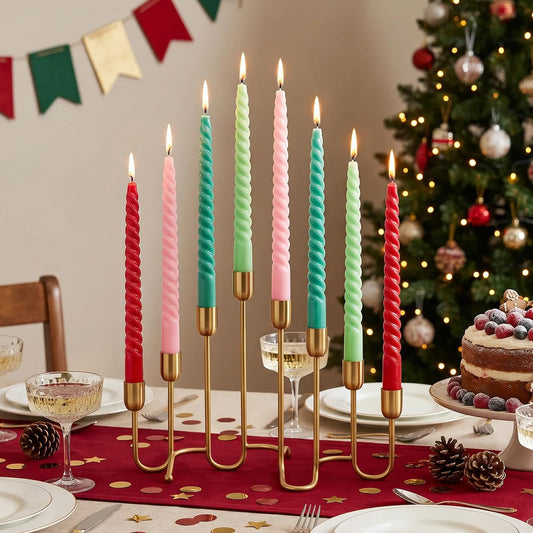 Whaline 8Pcs Christmas Spiral Taper Candles Red Green Pink Xmas Dripless Twisted Wax Candles 10 Inch Long Unscented Candle Sticks for Birthday Wedding Holiday Dinner Party Holiday Home Table Decor