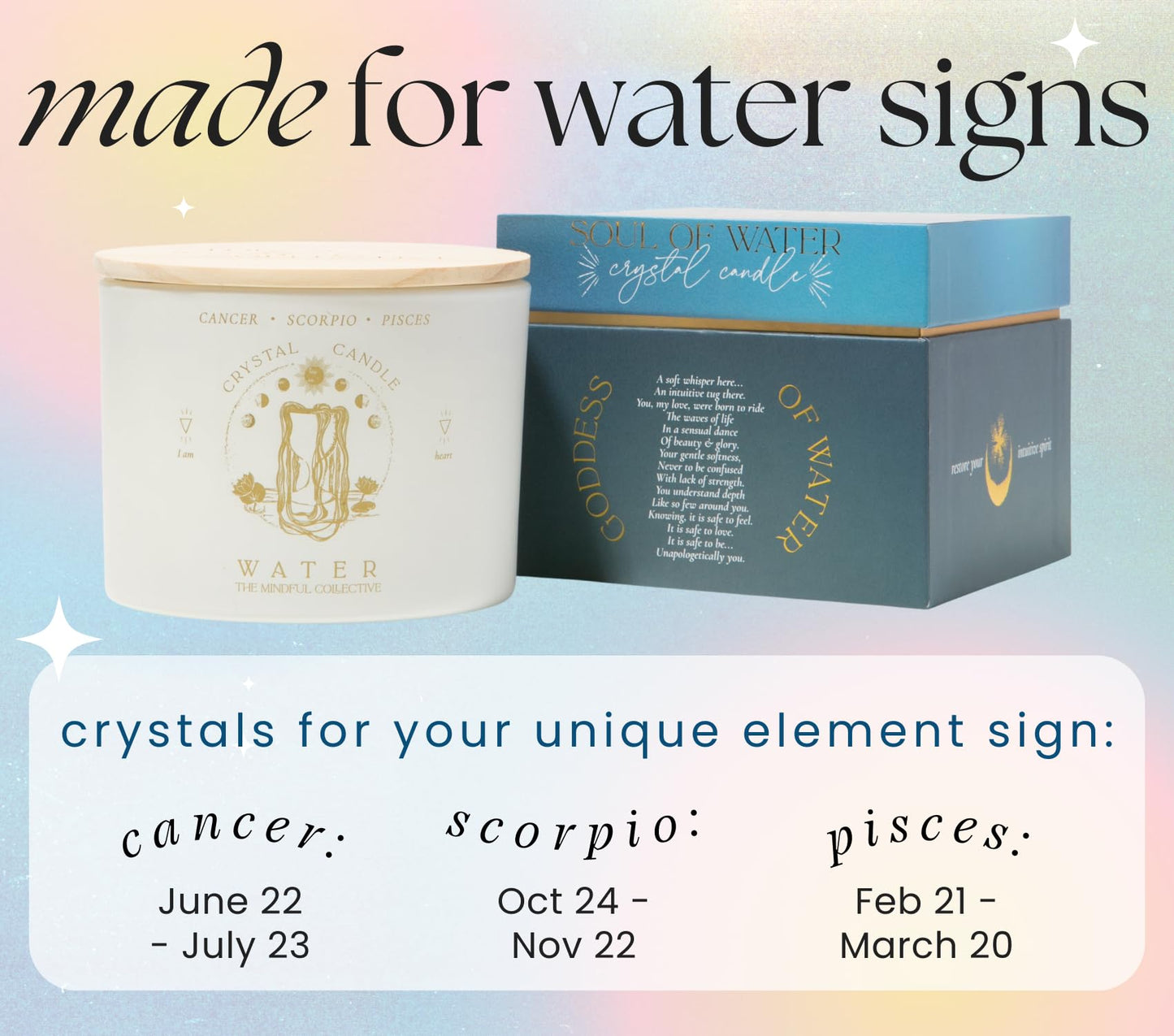 Pisces, Cancer, Scorpio Gifts for Women - 12oz Wood Wick Candles that Crackle with Crystals and Healing Stones. Healing Crystal Candles for Women Home Scented. Soy Wax, for Zodiac Birthdate