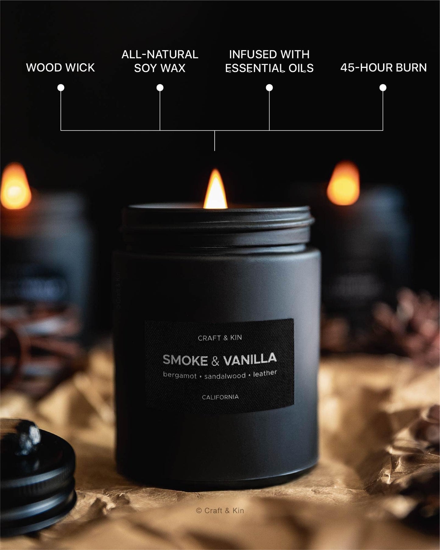 Craft & Kin Premium Smoke & Vanilla Candle | Black Scented Candles for Men | Long Lasting with 45 Hour Burn Time, 7.6oz | Soy Candle | Aromatherapy at Home | Gifts for Men