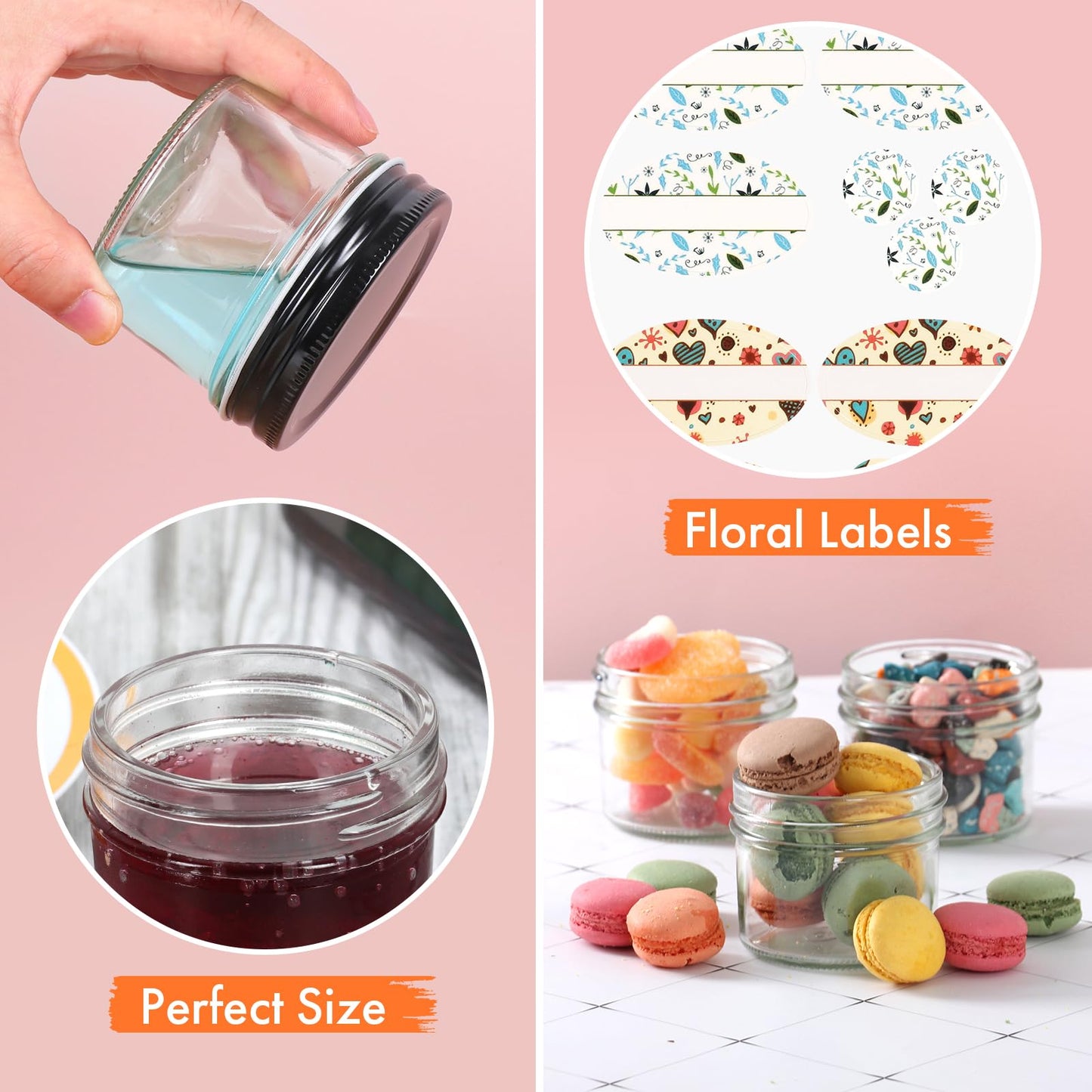 Jaisie.W 4 oz Mini Glass Jars 40Pack - Small Mason Jars with Lids & Stickers for Food Storage, Candle Making, Pantry Organizers - Black Lids