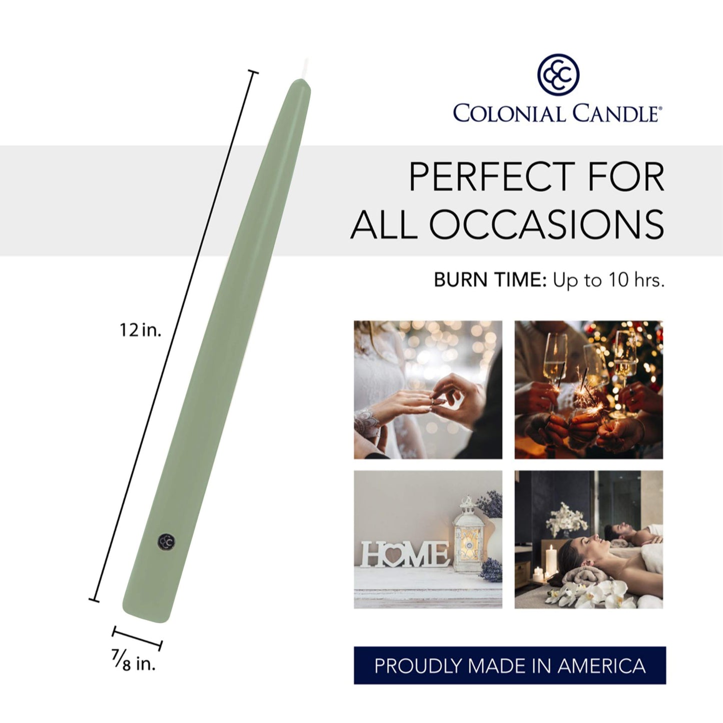 Colonial Candle Unscented Taper Candle, Handipt Collection, Colonial Classic Green, 12 in, Pack of 12 - Up to 10 Hours Burn