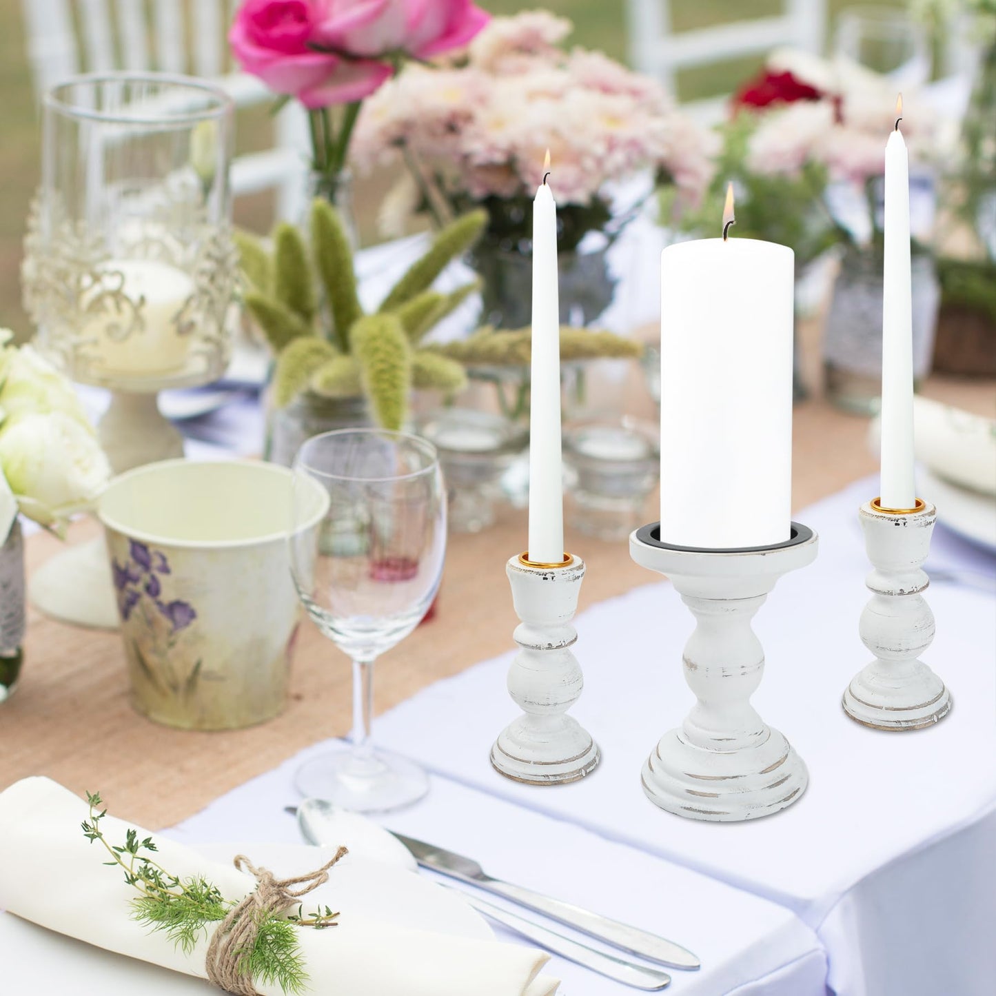 Unity Candle Holder - LIKEYO Wooden Unity Candle Holders for Weddings, Rustic Candlestick Set of 3, Wooden White Candlestick for Wedding Table Centerpiece Church Farmhouse Decor