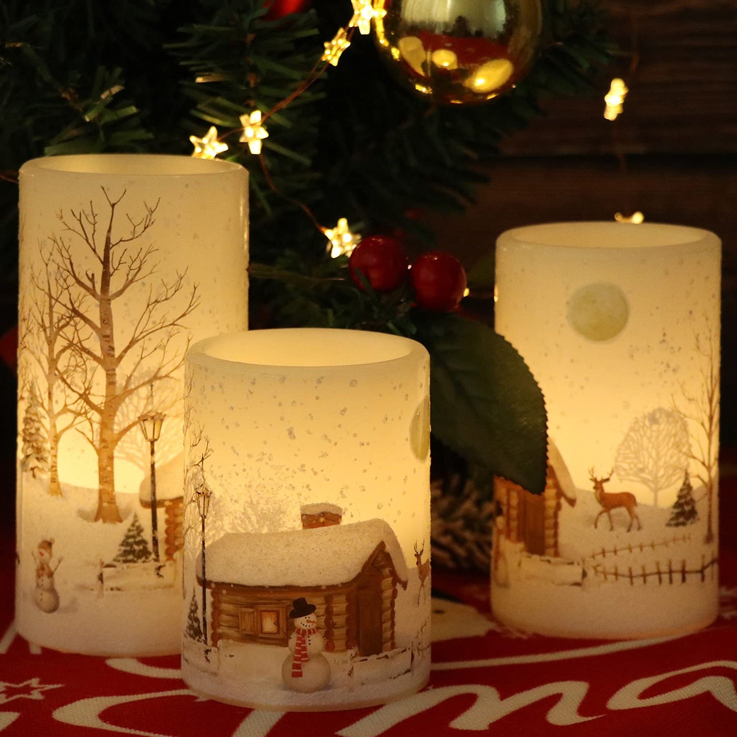 Eldnacele Snowman Christmas Deco Flameless Flickering Candles with Automatical Daily Cycle Timer, White Battery-Operated LED Pillar Candles Snowman Decals 3 Pack (D3” x H 4” 5” 6”)