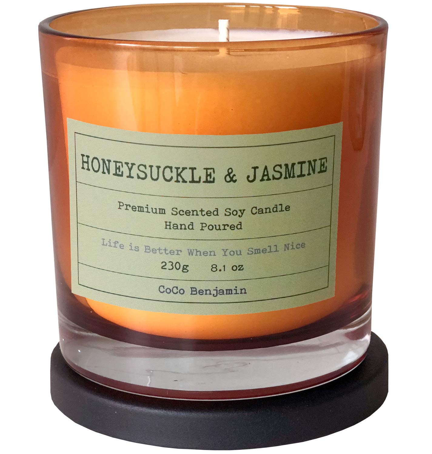 100% Natural Soy Wax Candle by CoCo Benjamin - Highly Scented & Hand-Poured Luxury Candle (Honeysuckle & Jasmine)- Clean Burning Cotton Wick