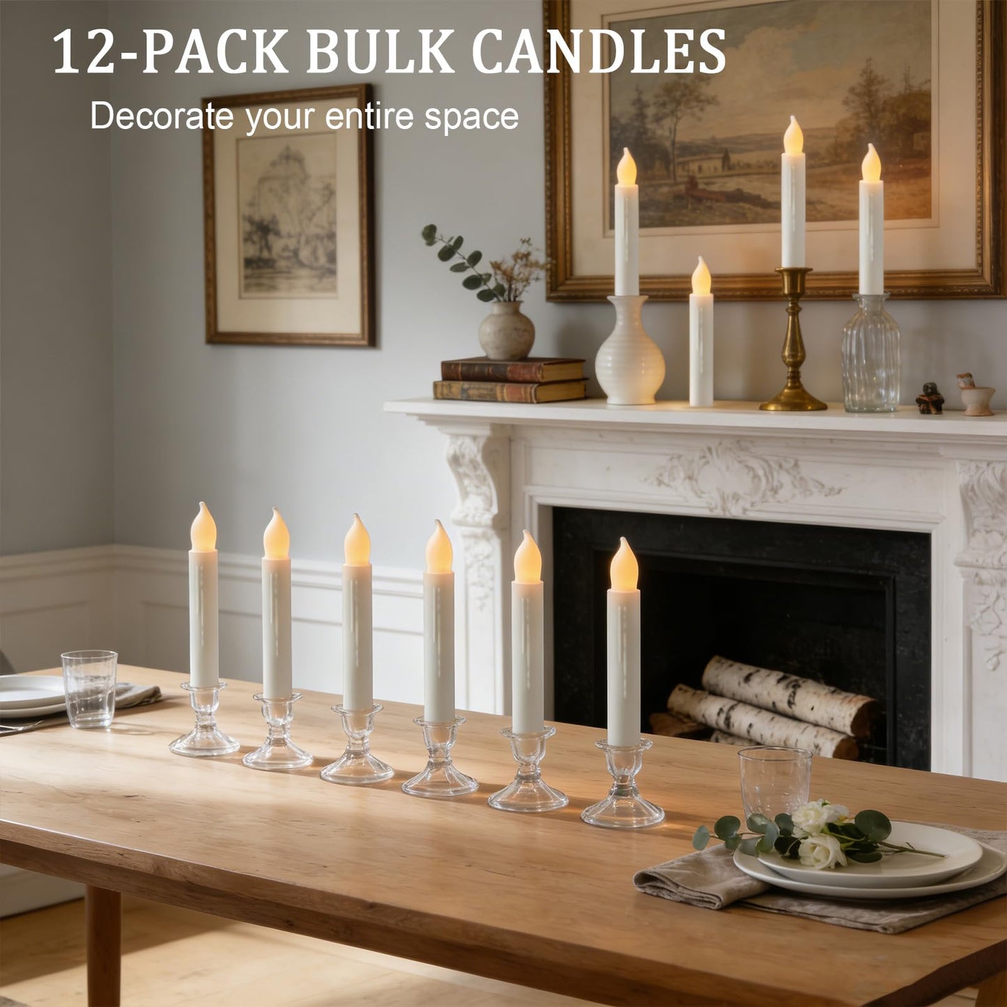 Lezonic 12 Pack Flameless Taper Candles Battery Operated Candlesticks Flickering LED Fake with Dripping for Halloween Christmas, 6 Inch White Wedding Mantel Fall Church Vigil Decor by Touch, No Remote