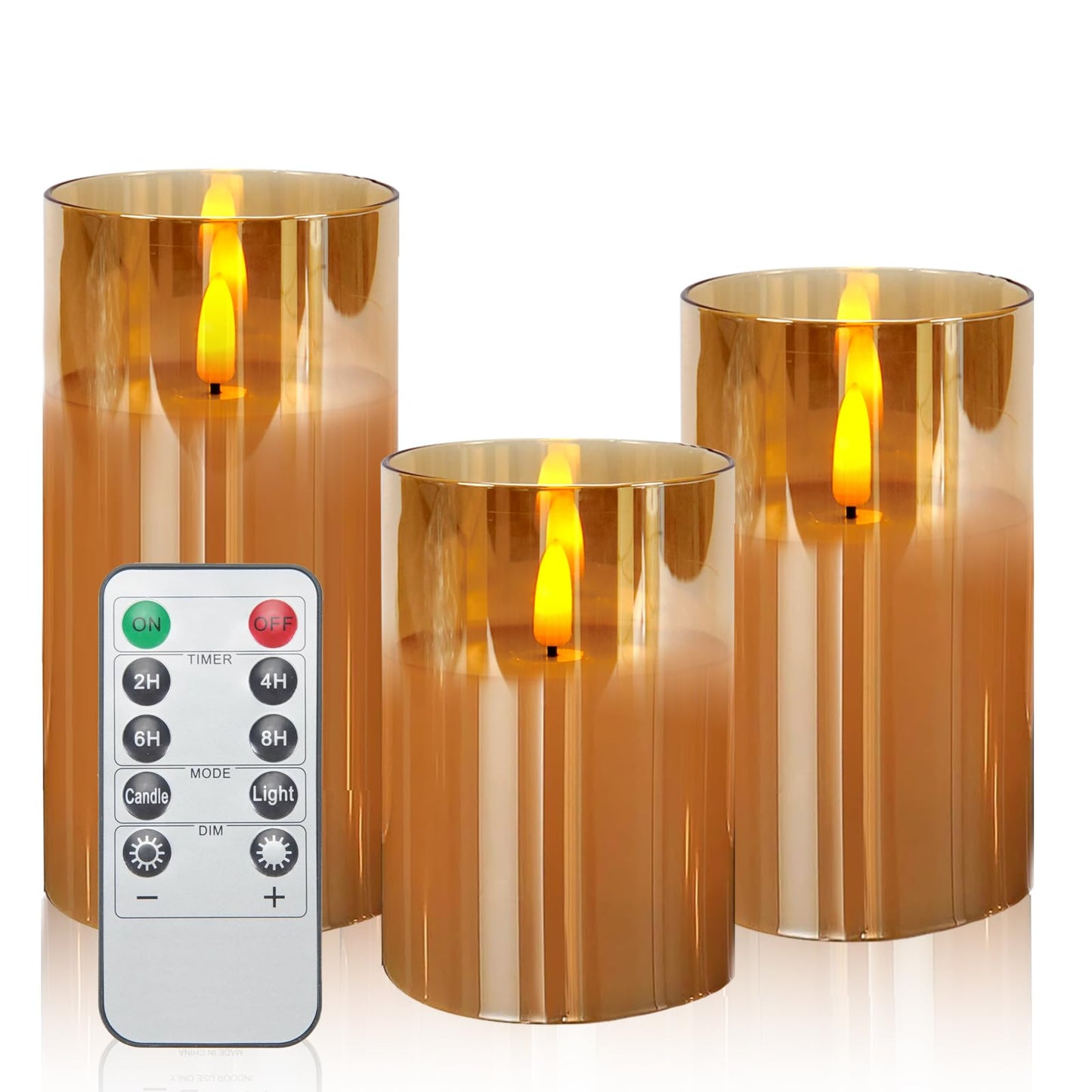 Flameless Candles, Battery Operated Led Flickering Flameless Candles 3 Pack with Star String Lights, Brown Glass Timer & Remote, Flickering Safe for Wedding Home Party Decor