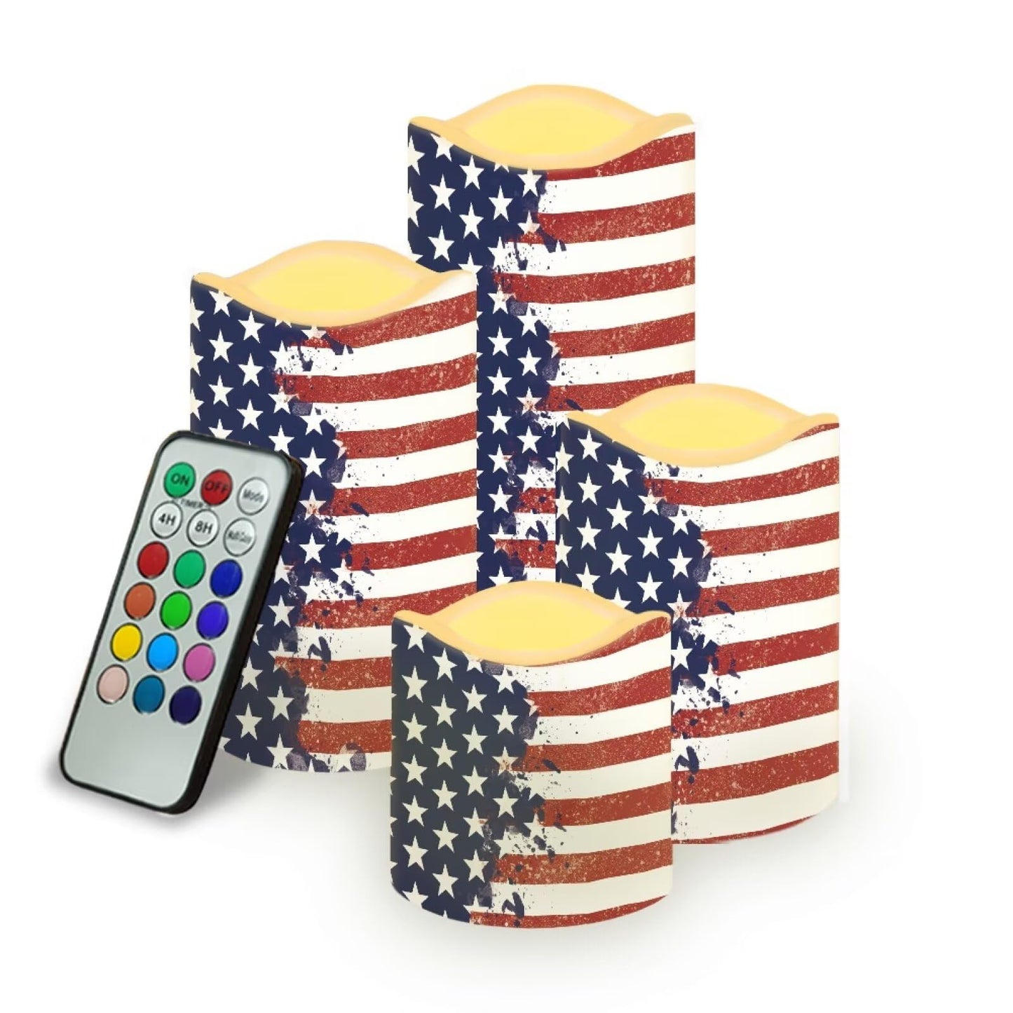 Uorisanigo Stars and Stripes Plastic Flameless Candles with Remote Control and Timer LED Flickering Battery Operated Color Changing Electric Pillar Candles USA Patriotic Design