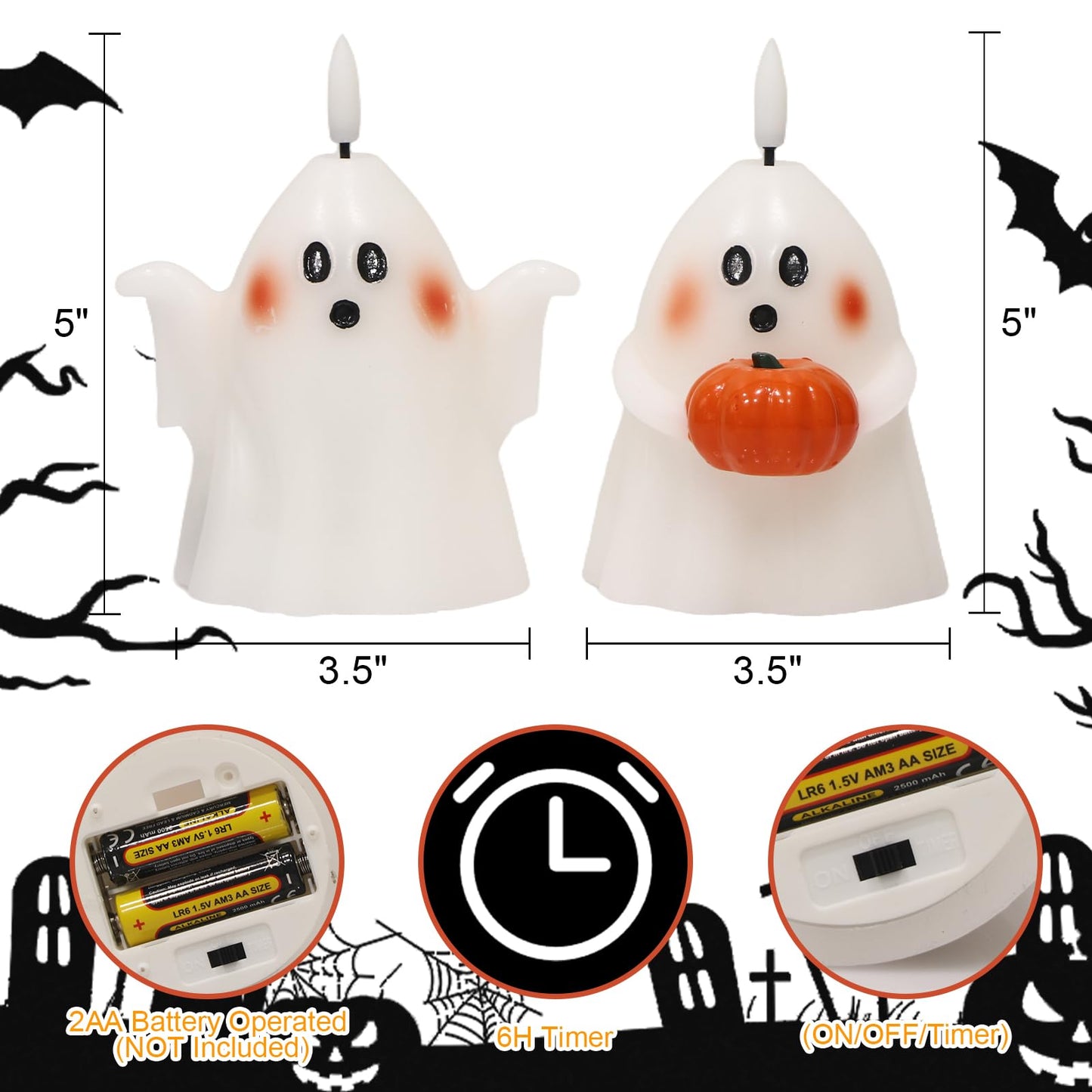 DRomance Halloween Ghost Flameless Candles with Timer Real Wax Battery Operated White LED Flickering Pillar Candles Hand Painted Looking Dinner Spooky Halloween Decor(2 Pack, 3.5" D x 5" H)