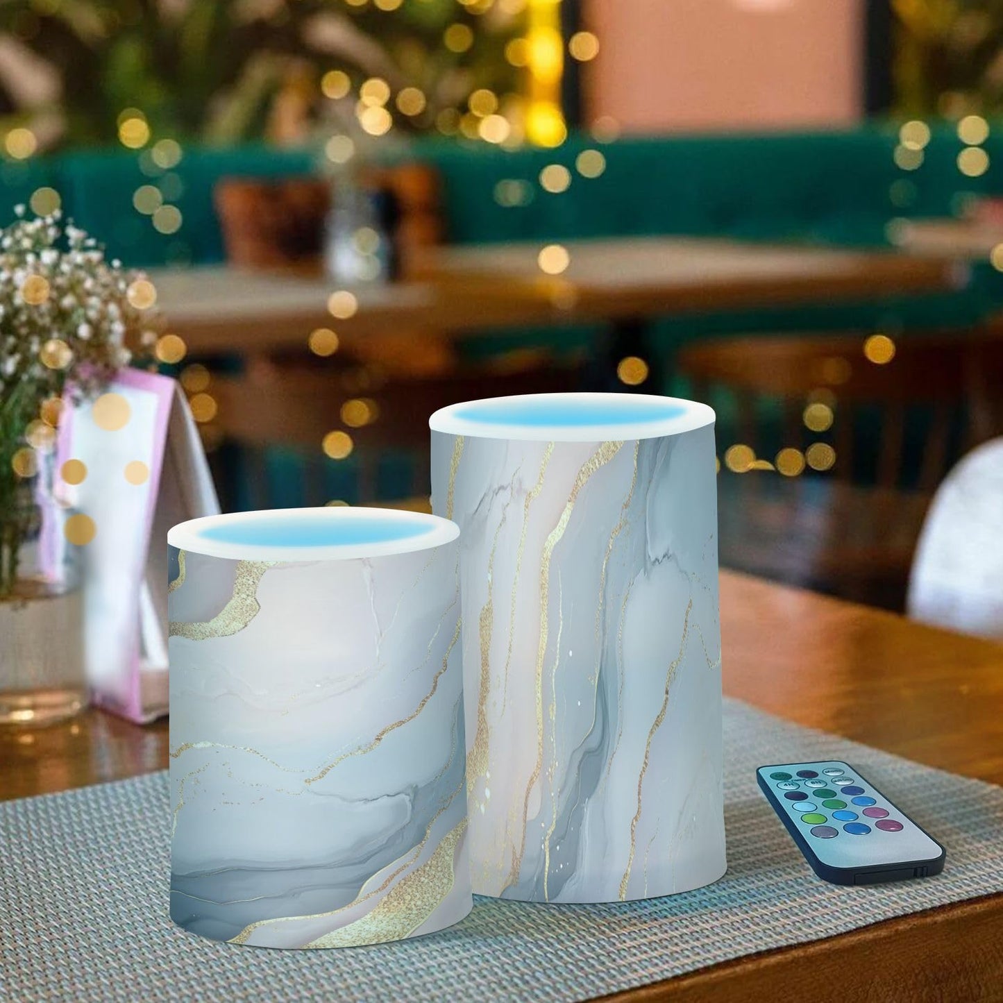Zathe Flameless Flickering Candles Remote Control Led Pillar Candles for Decorations Marble Blush Grey