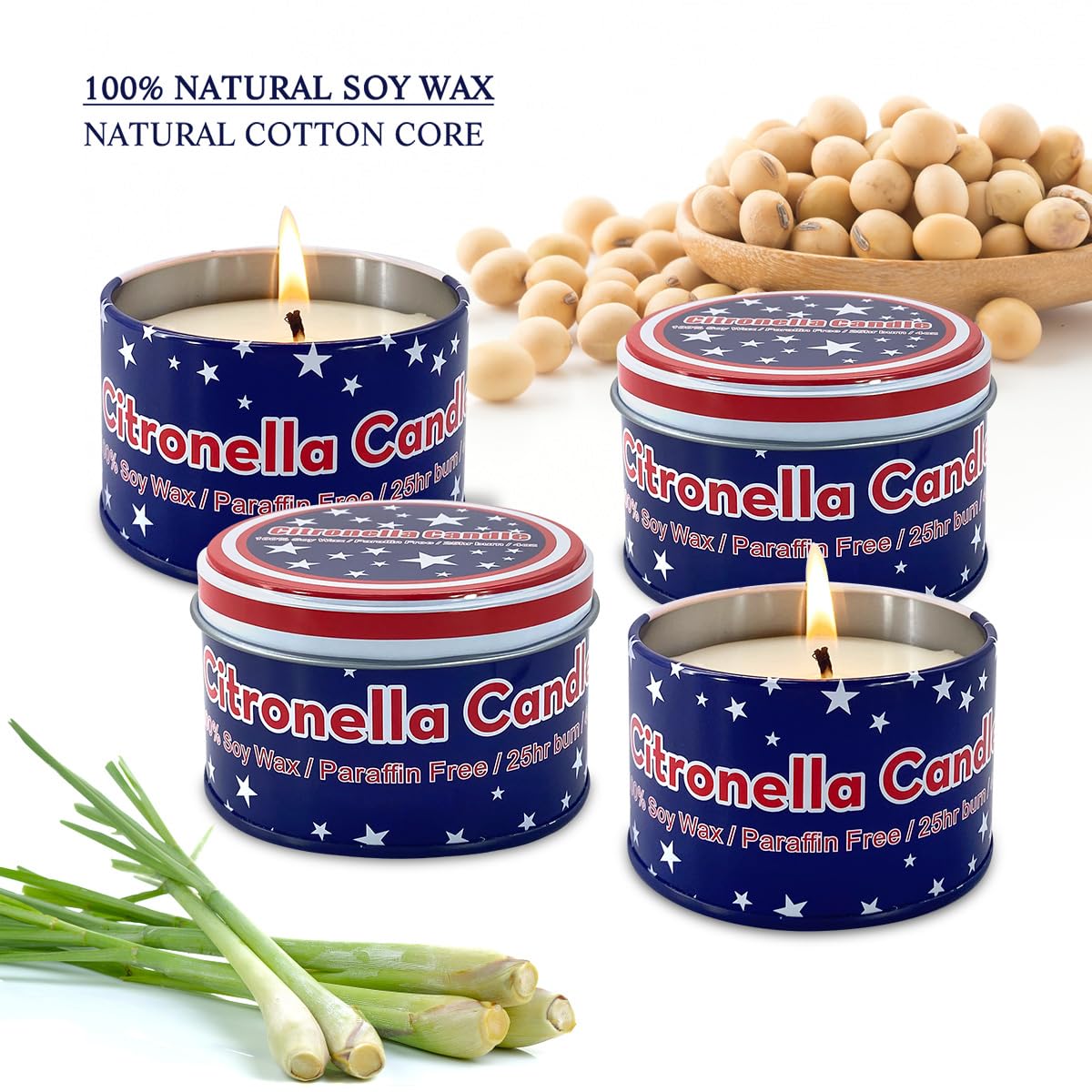 4-Pack Citronella Candles in Jars (4oz Each) – Long-Lasting Outdoor Scented Candles for Patio, Garden & Backyard – Fresh Invigorating Fragrance to Enhance Ambiance