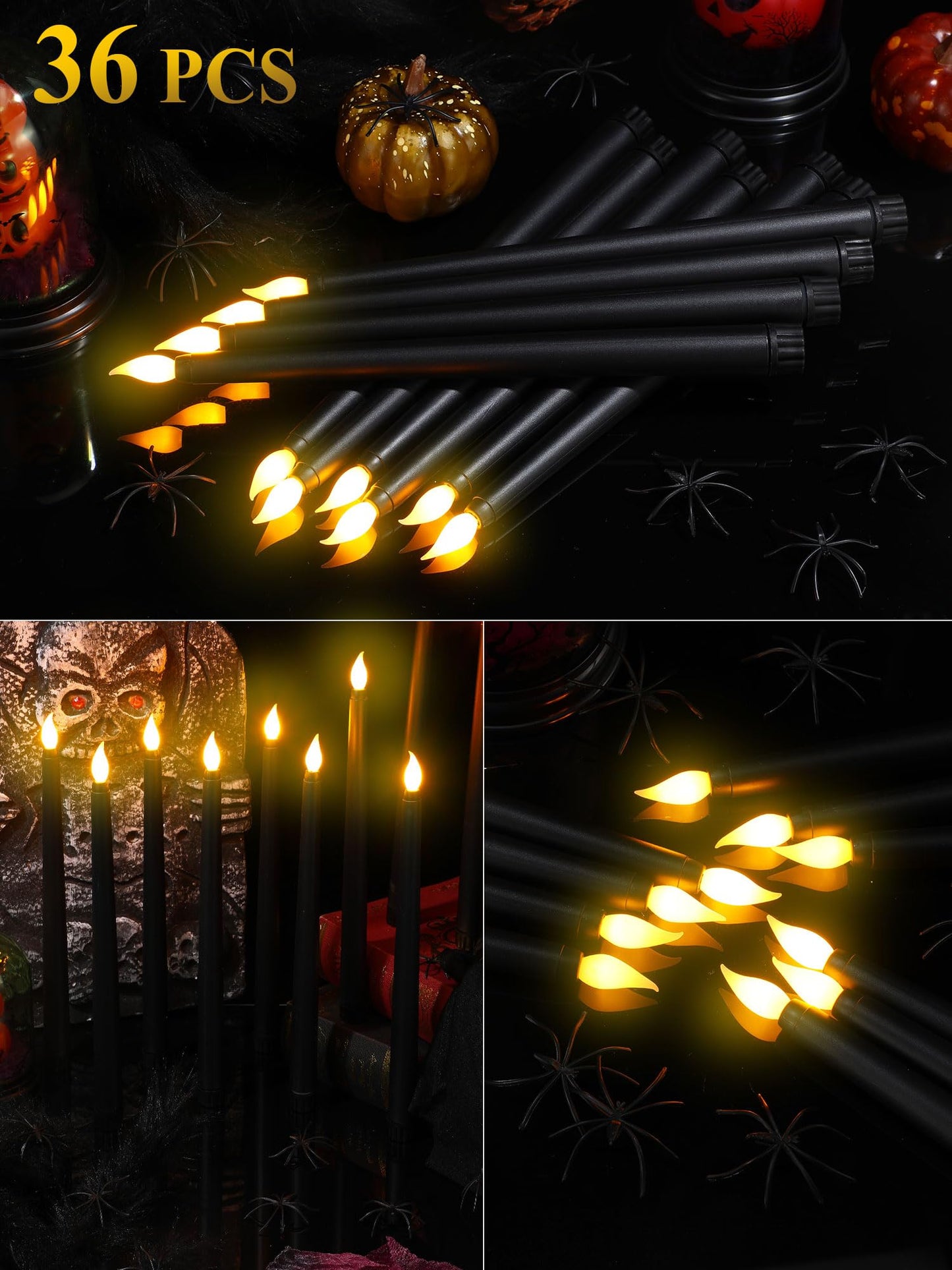 Treela 36 Pieces Flameless Taper Candles Flickering Faux LED Battery Operated Electric Fake Candles for Christmas Halloween Birthday Wedding Party(Black,0.8x11 Inches,Smooth)