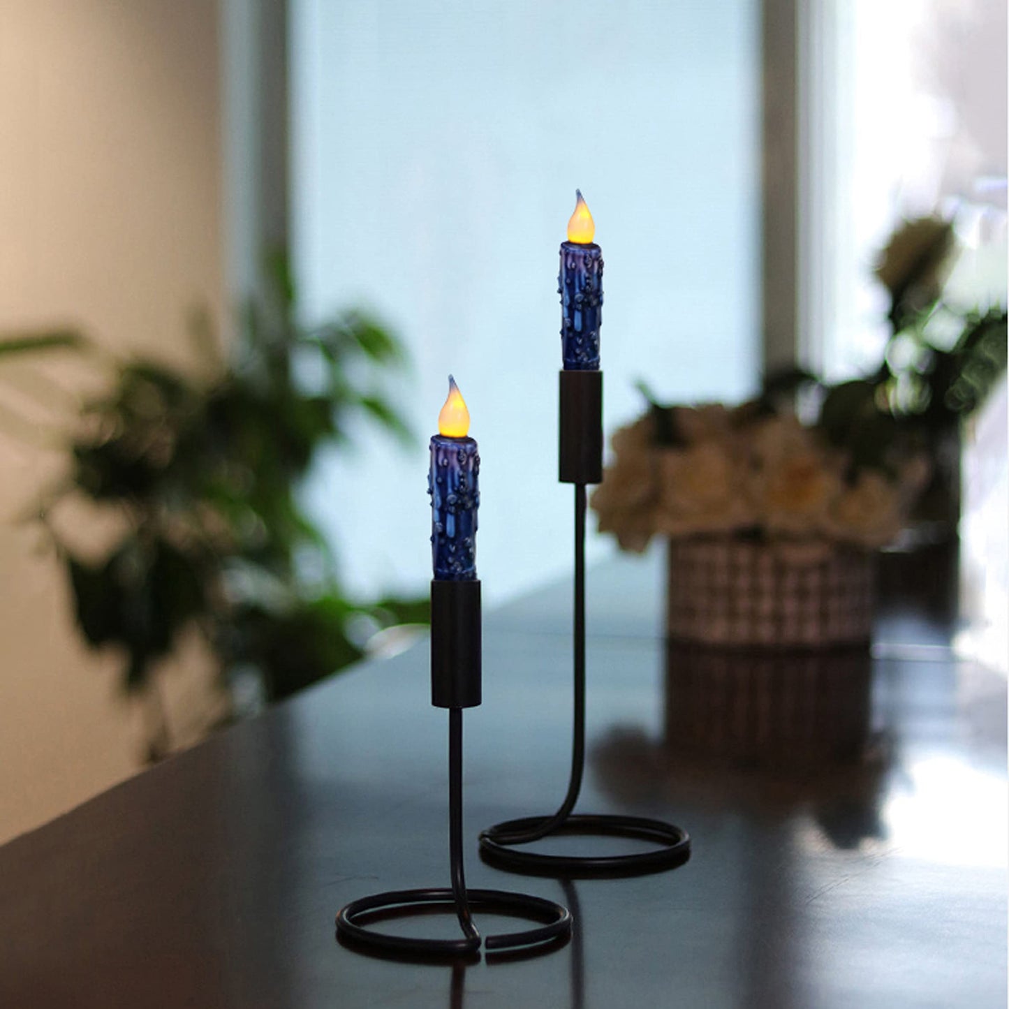 CVHOMEDECO. Real Wax Hand Dipped Battery Operated LED Timer Taper Candles Rustic Primitive Flameless Lights Decor, 4-3/4 Inch, Navy Blue, 3 PCS in a Package