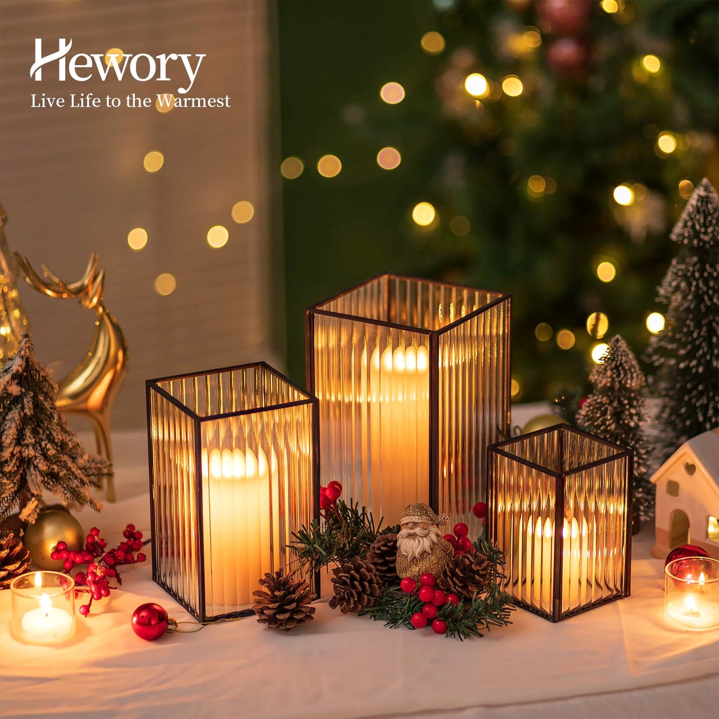 Hewory Black Hurricane Candle Holder: 6 PCS Ribbed Hurricane Glass Candle Holders for Pillar Candles, Square Pillar Candle Holders for Table Centerpiece Wedding Christmas, Home Decor for Kitchen Patio