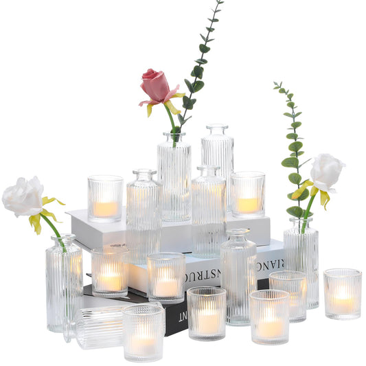 Yerliker 12 Glass Bud Vases Set Bulk Clear Ribbed Vases and 12 Clear Glass Tea Light Candle Holders Suitable for Table Centerpieces, Parties, Home Decor, Wedding Table Centerpiece, Home Decor
