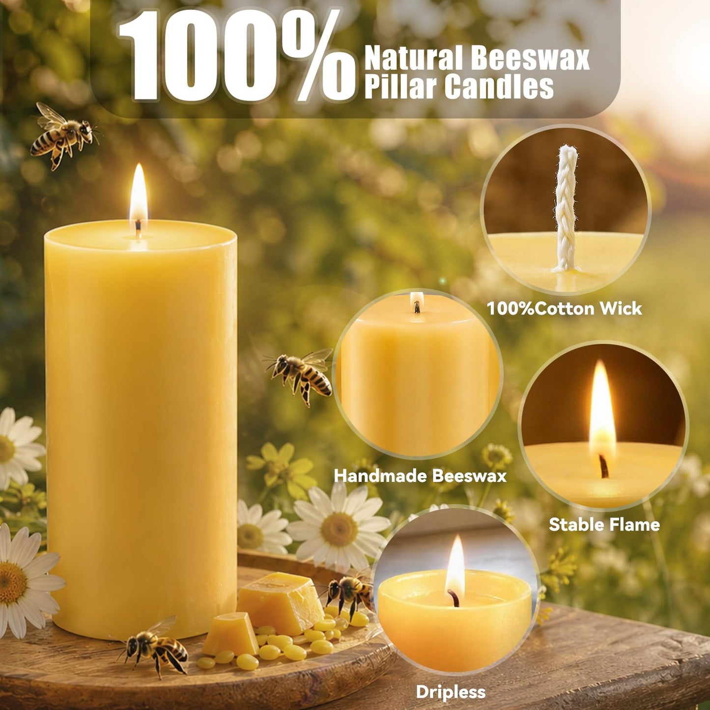 6 Pack Pure Beeswax Pillar Candles, 160 Hours Long Burning Beeswax Candle, Bees Wax Candles for Home, Prayer, Emergency, Unscented, Smokeless & Dripless, 2x4 Inch