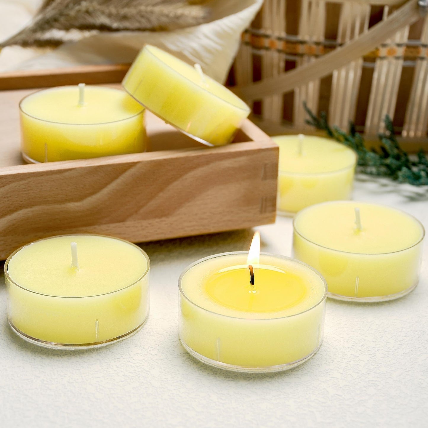 Scented Tealight Candles, 6Pcs Lemon Natural Soy Tea Lights Candle - 8 Hours Long Burning, Smokeless and Clean Burn for Home Decor, Dinner, Weddings, Party