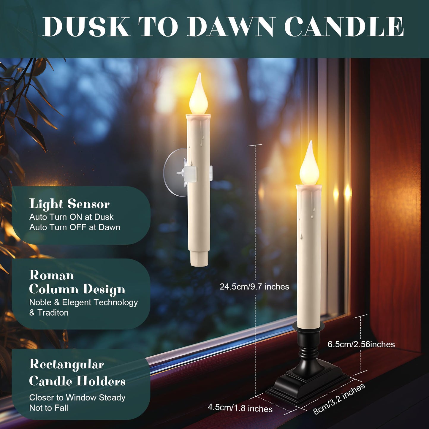 Enhon 6 Pack Battery Operated LED Window Candles, Dusk to Dawn Light Sensor, with Black Holders and Suction Cups, Ivory Christmas Window Candles, Amber Flicker Flame (Batteries AA Included)