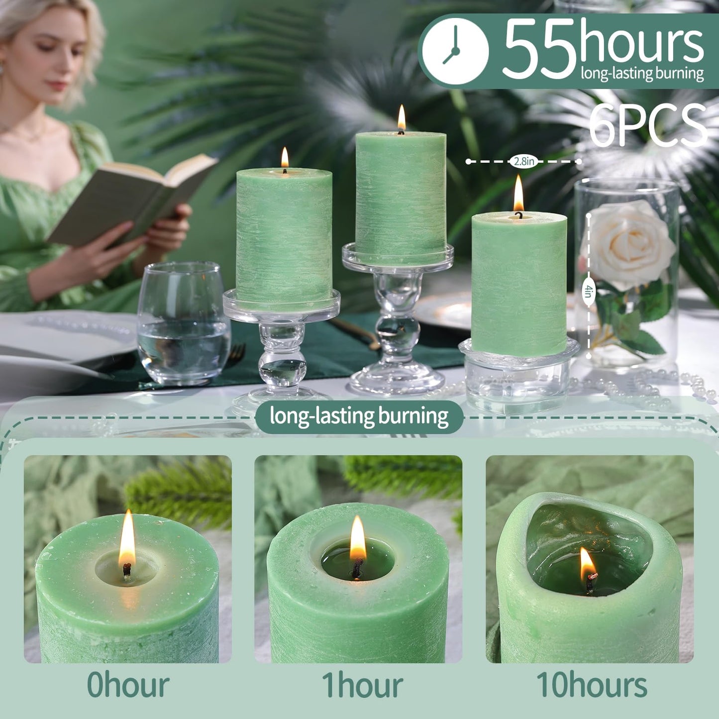 6 Pack Sage Green Soy Pillar Candles - 330H Total Burn Time - 2.8x4” Rustic Textured Natural Wax- Smokeless & Clean Burning Unscented Hand-Poured Candles for Spring Home, Modern Farmhouse Decor