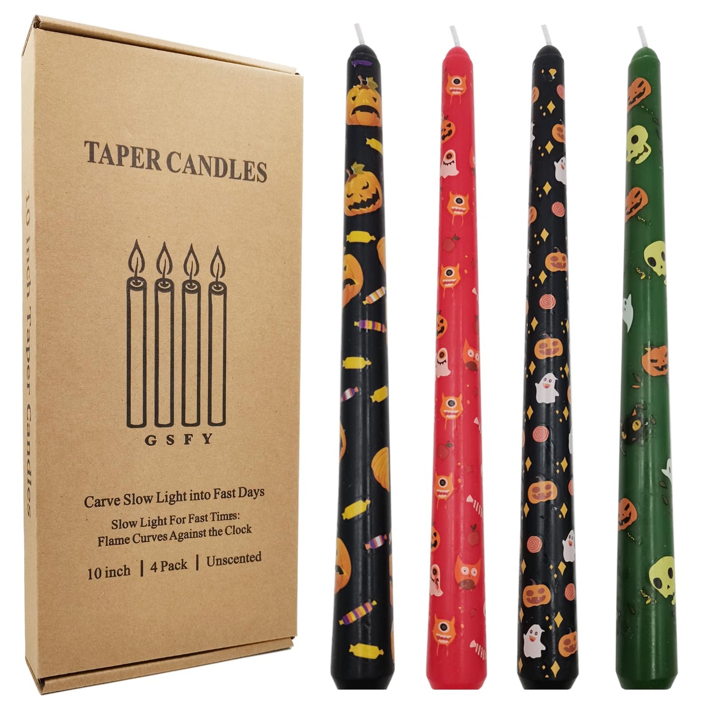 FYBW 10-Inch Halloween Taper Candle Set of 4,Pumpkin Skeleton & Bat Prints, Spider Web Spooky Dinner Candles, Gift for Festive Halloween Day Decoration