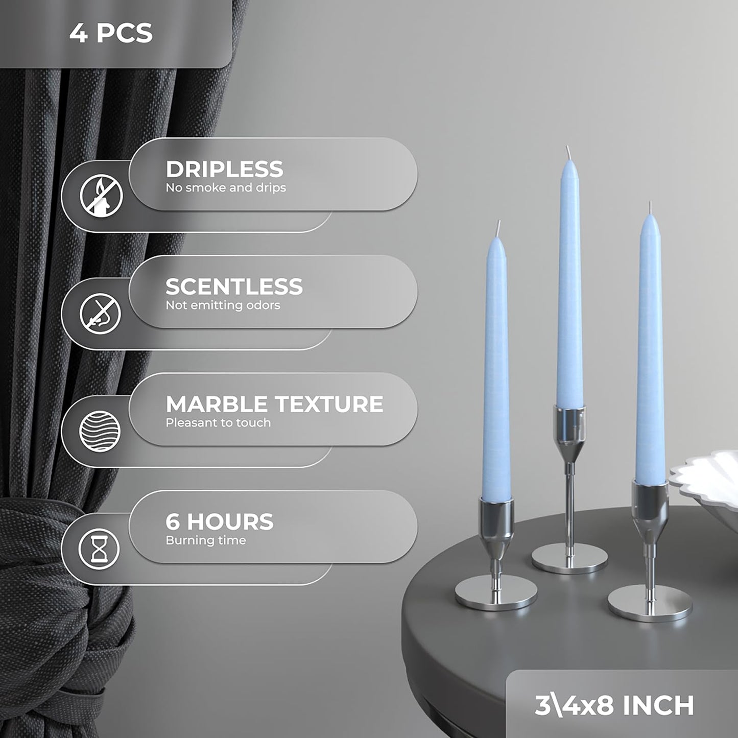 CANDWAX 8 inch Light Blue Taper Candles Set of 4 - Unscented Smokeless Dripless Tapers for Dinner Table, Home Decor, Easter Decor, Party, Wedding and Ordinary Dinners - Spring Candles