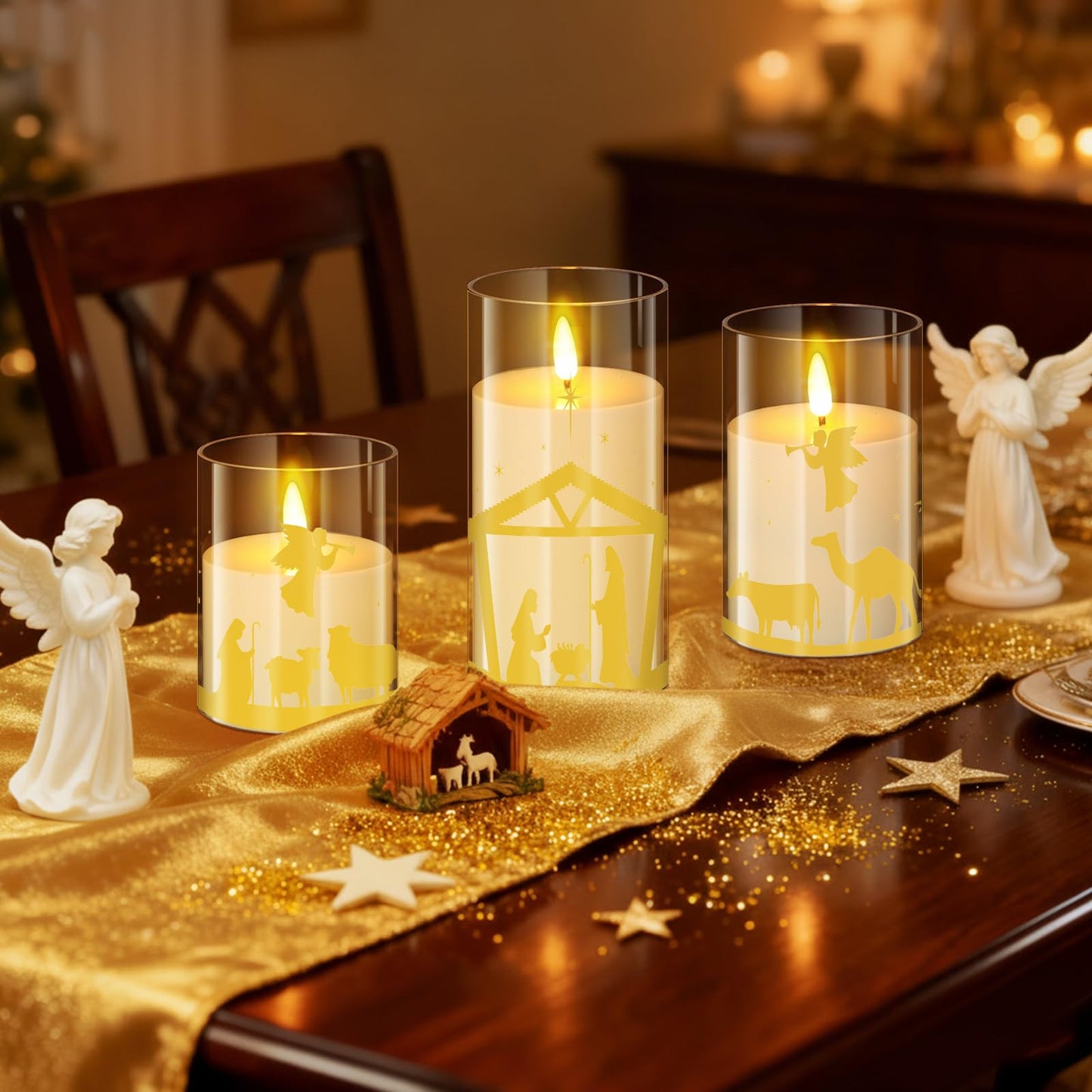 Blosssound 3 Pack Christmas Nativity Flameless Candles Battery Operated Xmas Nativity Jesus Flameless Flickering Candles LED for Home Fireplace Winter Holiday Table Decorations Christmas Gifts