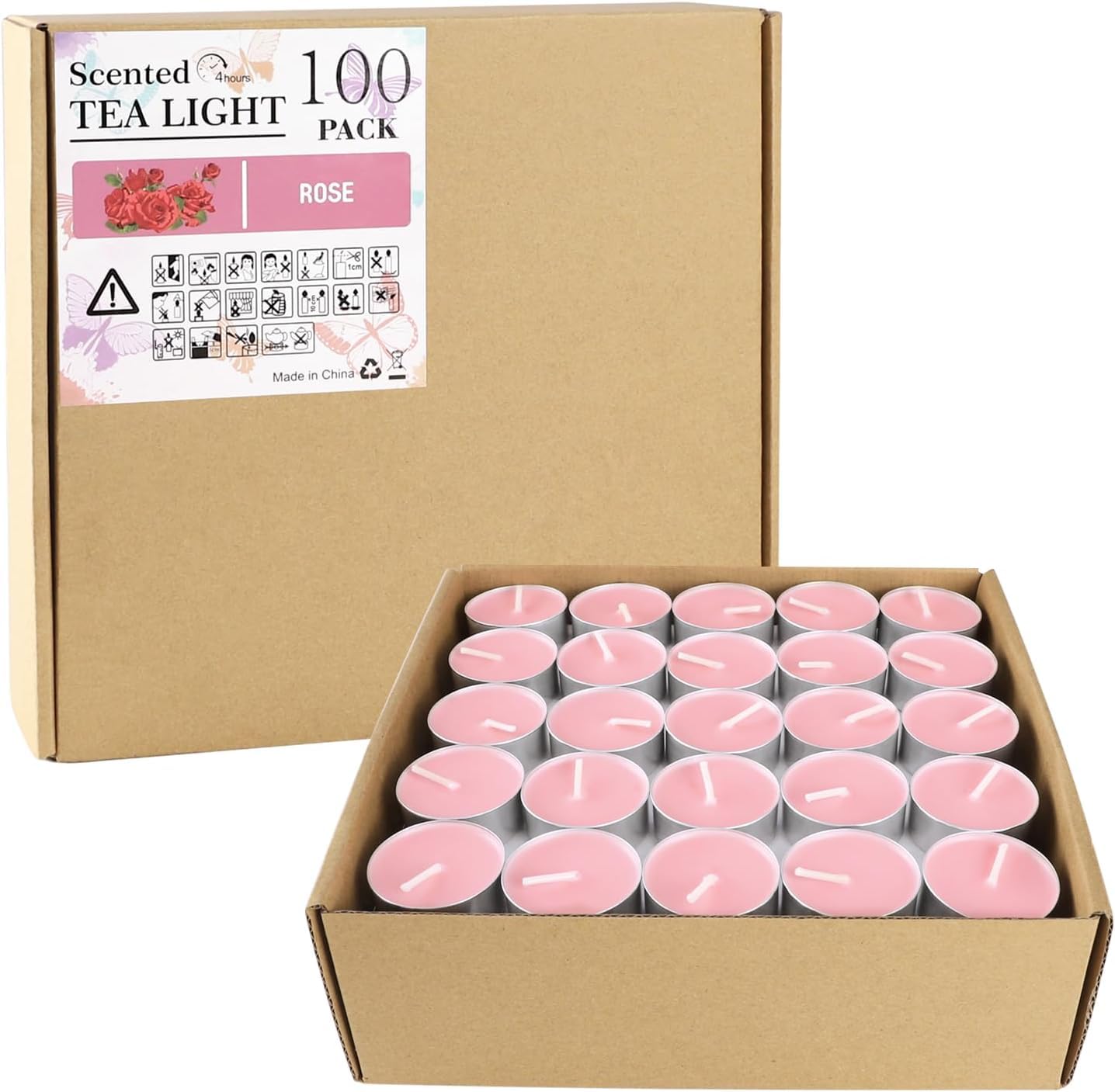 Howemon Pink Rose Scented Tealight Candles - 4 Hours - Giant 100 Bulk Packs - Smokeless Tea Lights for Valentine's Day, Weddings, Christmas, Home Decorative