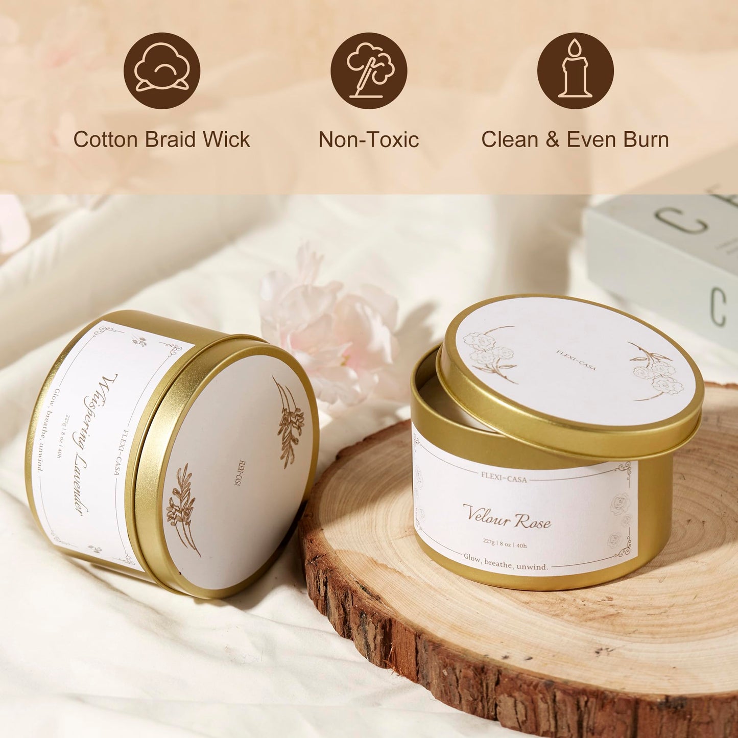 Flexi-Casa Lavender & Rose Aromatherapy Candle Set, 2 Pack Floral Soy Wax Tin Candles, Long Lasting Scented Candles for Home, Relaxation, Stress Relief, Travel Size Gifts for Women