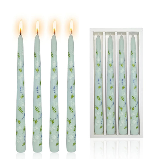 NJAO HOO Flower Candlesticks 10 in Straight Taper Candles Hand Printing Colored Blue Candlesticks Floral Tall Tapered Candle for Spring Home Garden Decor Simple Modern, 4Pcs
