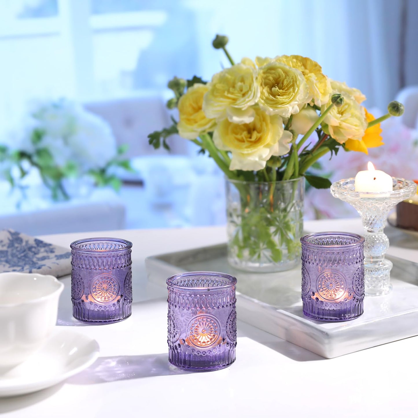 24pcs Purple Votive Candle Holders for Table Centerpieces, Glass Tea Lights Candle Holder for Bridal Shower, Baby Shower Decrations, Boho Tea Party Purple Decor, Gifts for Women