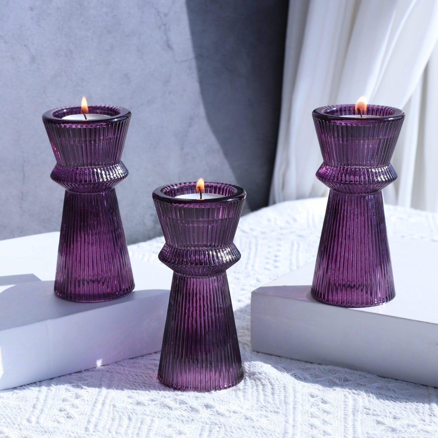 VOHO Purple Ribbed Taper Candle Holders Set of 3, Minimalist Style Glass Candle Holder for Candlesticks and Tealight Candles, Classy Candlestick Holders for Easter Halloween Wedding Decor