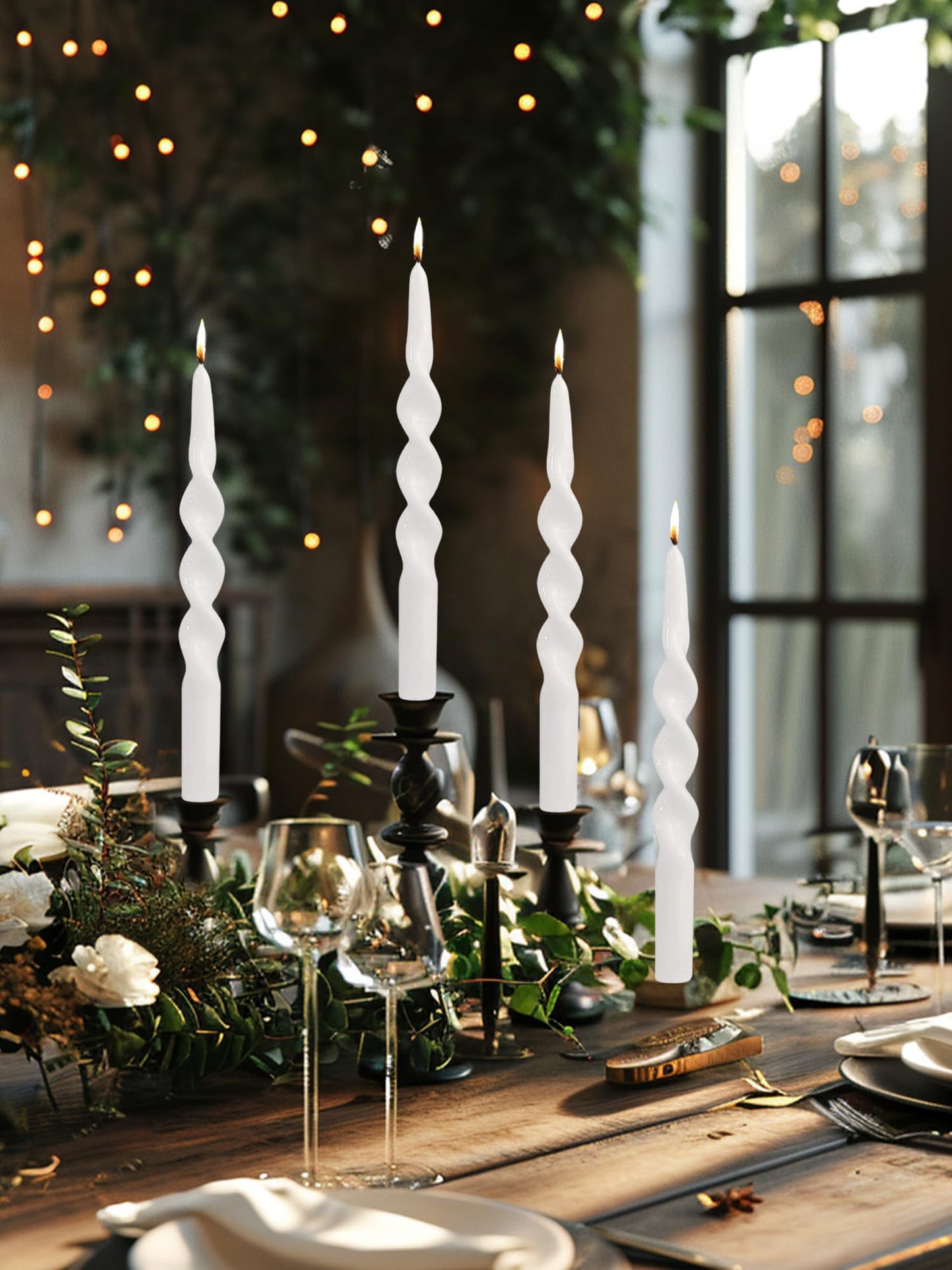LPUSA White Spiral Taper Candles Twisted Candle Conical Stick Candles for Holiday Wedding Party Wax Unscented Dinner Candle Dripless,Christmas Gift H 10 Inch, 4pcs（White-B）