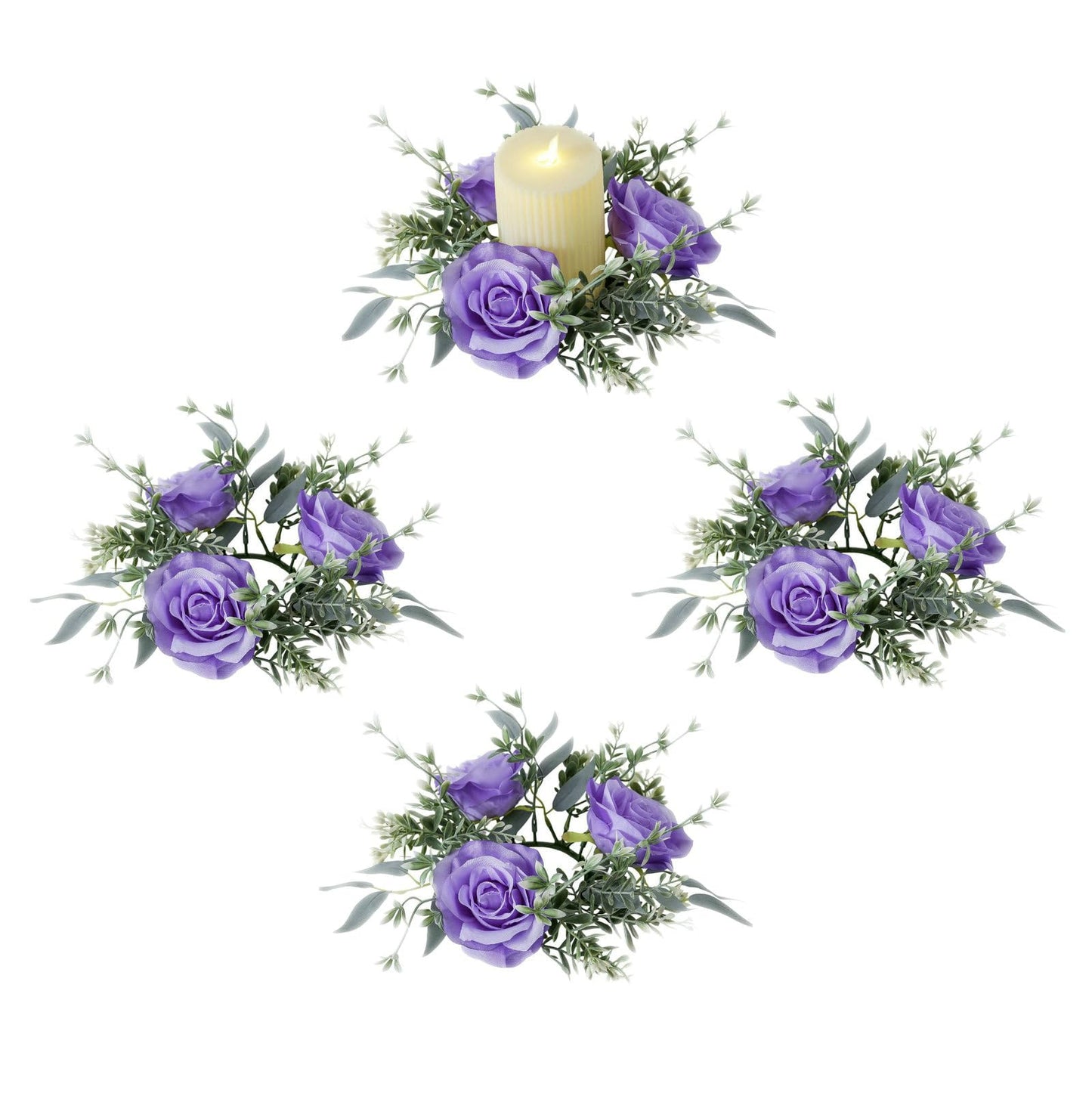 Youshe 4 Pcs Artificial Rose Candle Ring, Valentine's Day Candle Rings Wreaths Mini Floral Garland Wedding Table Pillar Centerpiece for Xmas Home Farmhouse Party Candle Holder Décor (Purple)